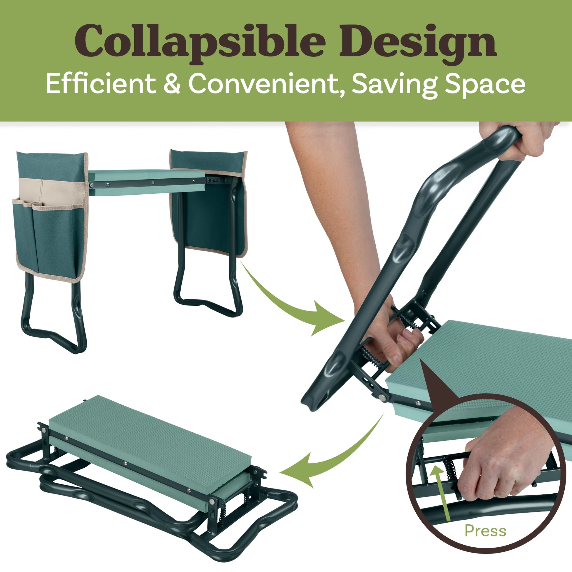 2-In-1 Garden Kneeler & Stool – Folding Bench with EVA Pad & Tool Pouches, Green/Tan