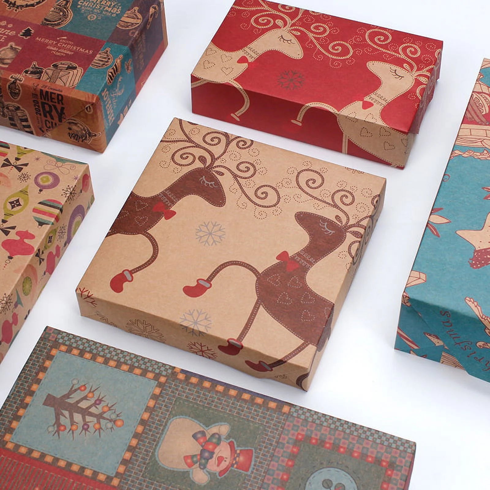Christmas Wrapping Paper, Holiday Wrapping Paper, 9 Pack Brown Kraft Paper, Snow, Christmas Tree, Snowman, Lantern and Color Elk (9-Sheets, 30" X 20")