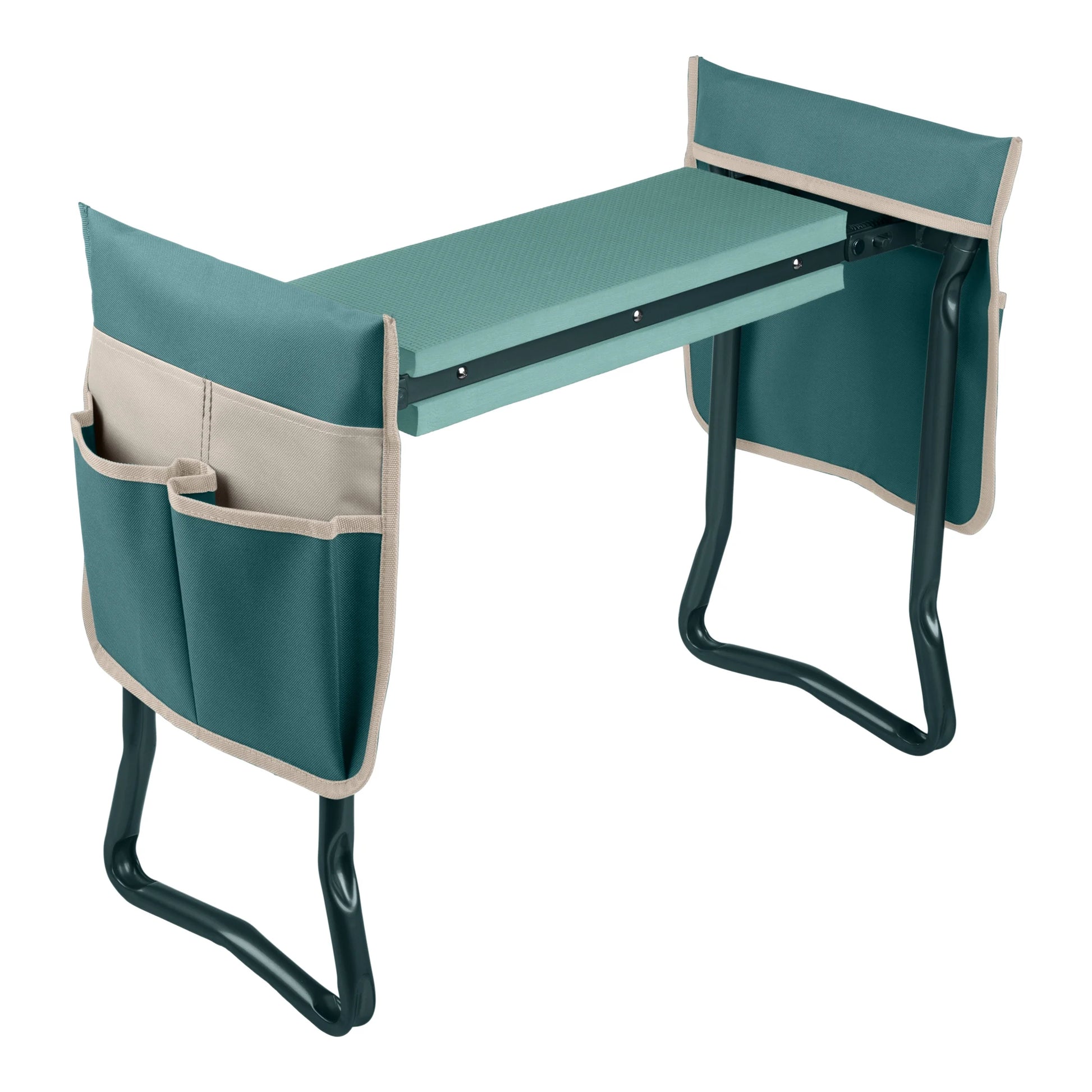 2-In-1 Garden Kneeler & Stool – Folding Bench with EVA Pad & Tool Pouches, Green/Tan