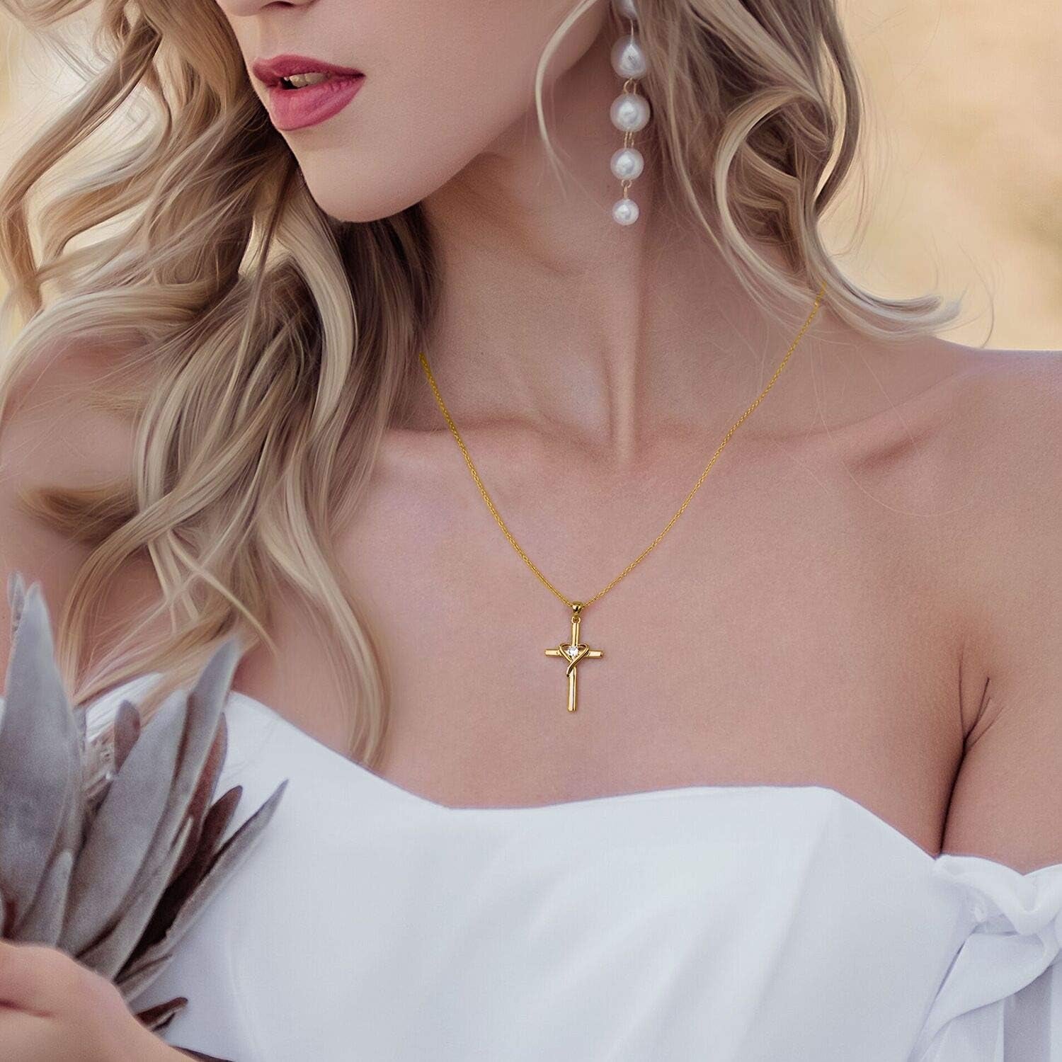 925 Sterling Silver Cross Necklace for Women Men 5A CZ Birthstone Necklaces 14K Gold Plated or Rose Gold Necklace for Easter or Mother'S Day