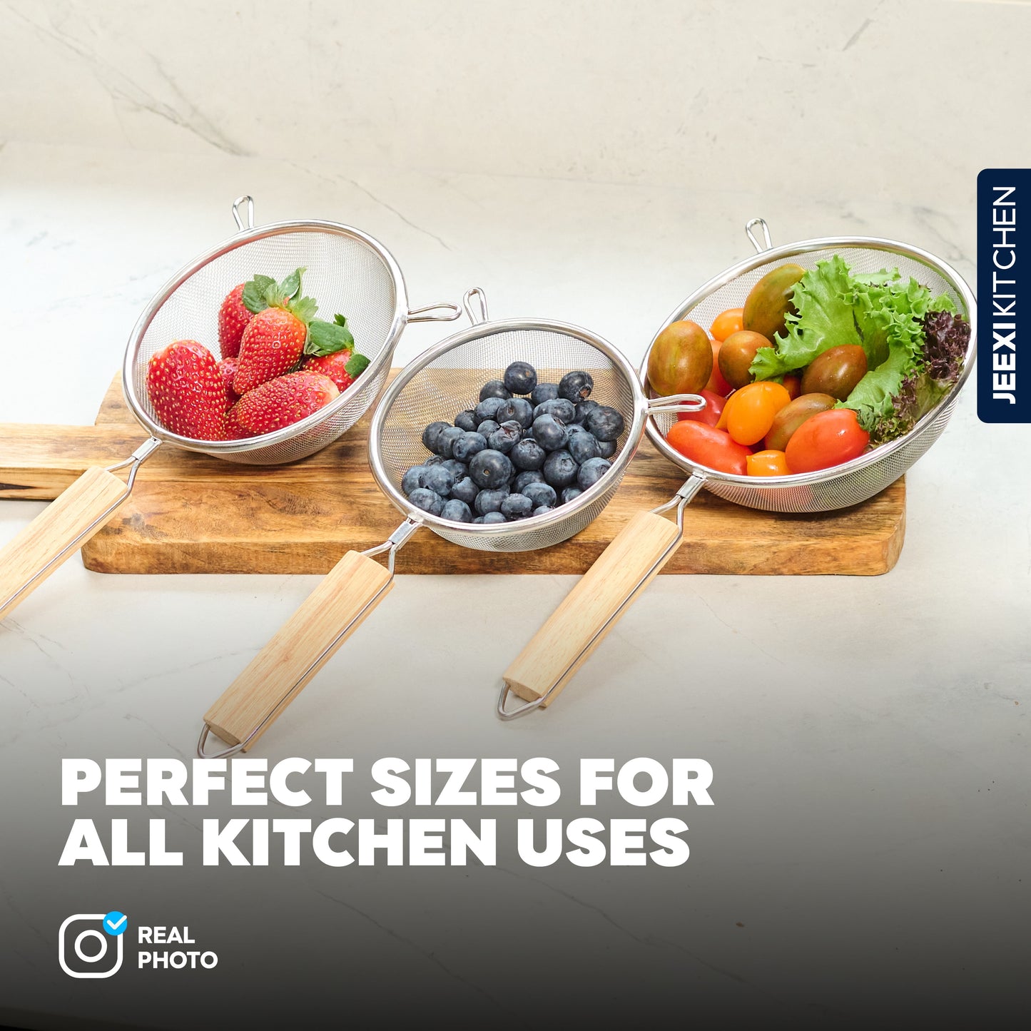 Set of 3 Premium Strainers - Sieve Mesh Extra Fine Stainless Steel Strainers, Wooden Handles, Ideal to Strain Pasta, Quinoa and Rice