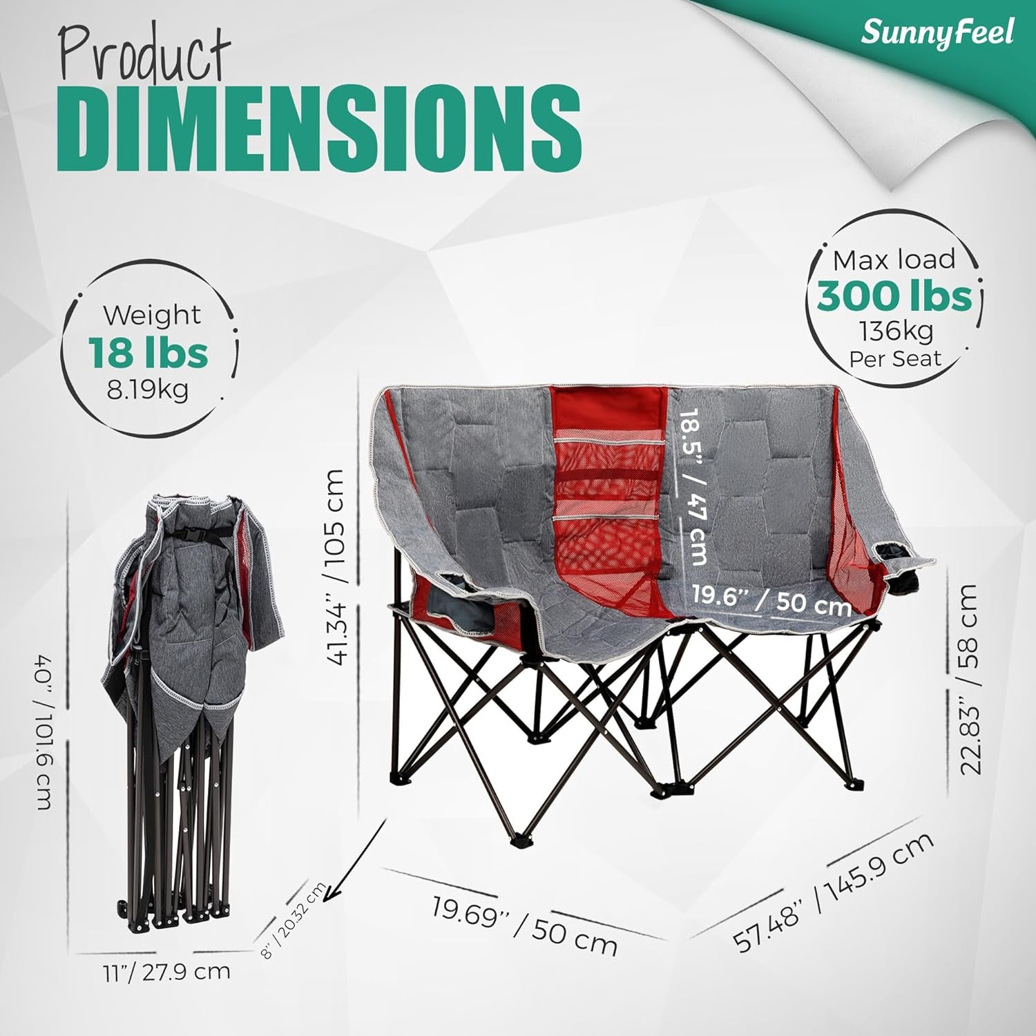 Folding Double Camping Chair, Oversized Loveseat Chair, Heavy Duty Portable/Foldable Lawn Chair with Storage for Outside/Outdoor/Travel/Picnic, Fold up Camp Chairs for Adults 2 People
