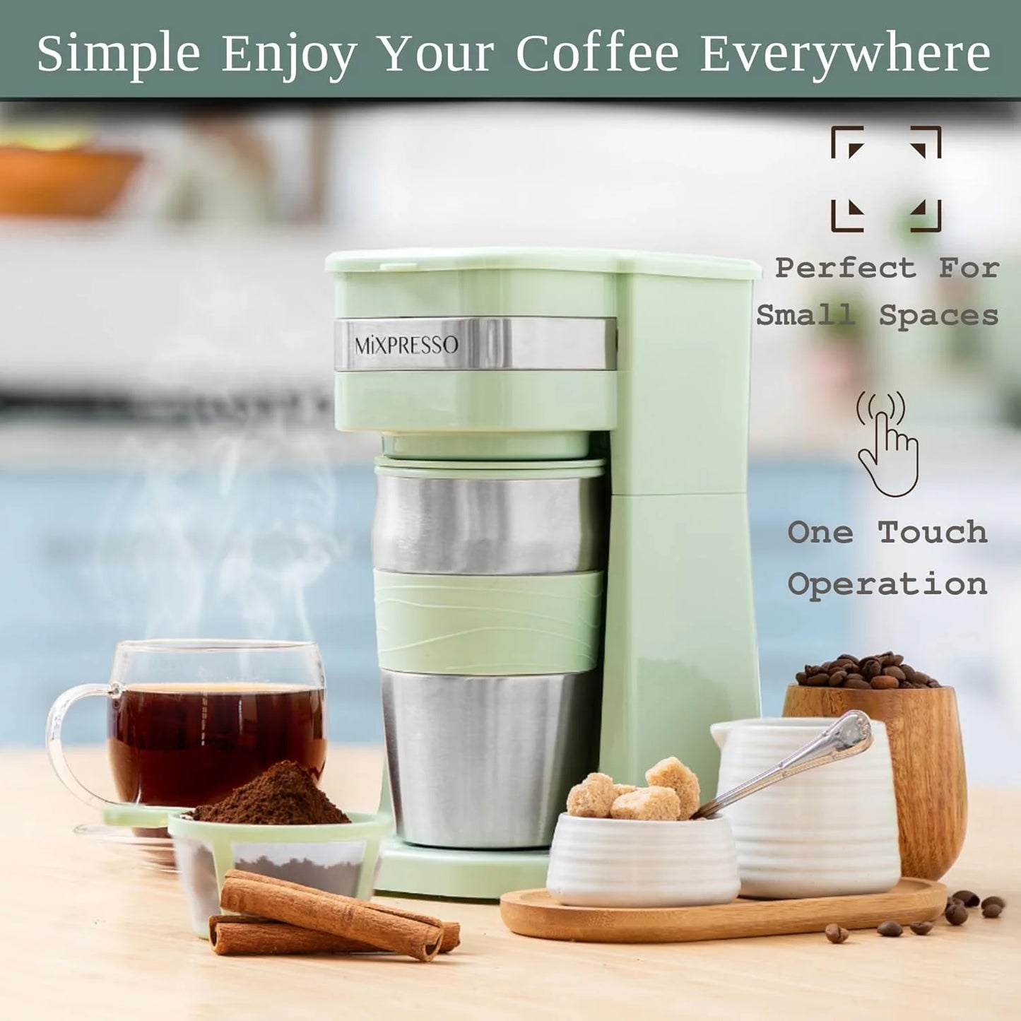 Single Serve Coffee Maker Ground Coffee and 14Oz Travel Mug