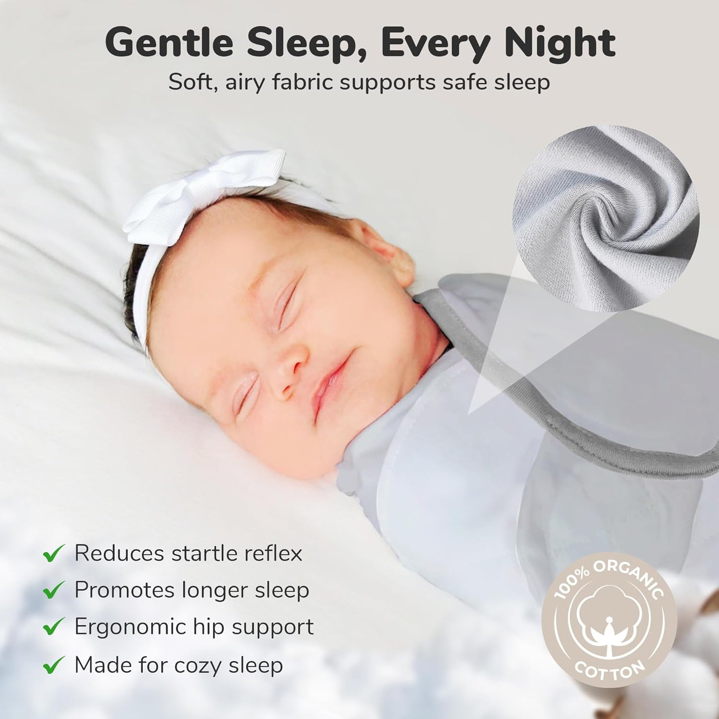 Baby Swaddle Blanket, Swaddle Wrap for Newborn and Infant, Adjustable Swaddle Set for Baby Boy and Girl, 3 Pack Soft Organic Cotton, Large (3-6 Months), Grey and White