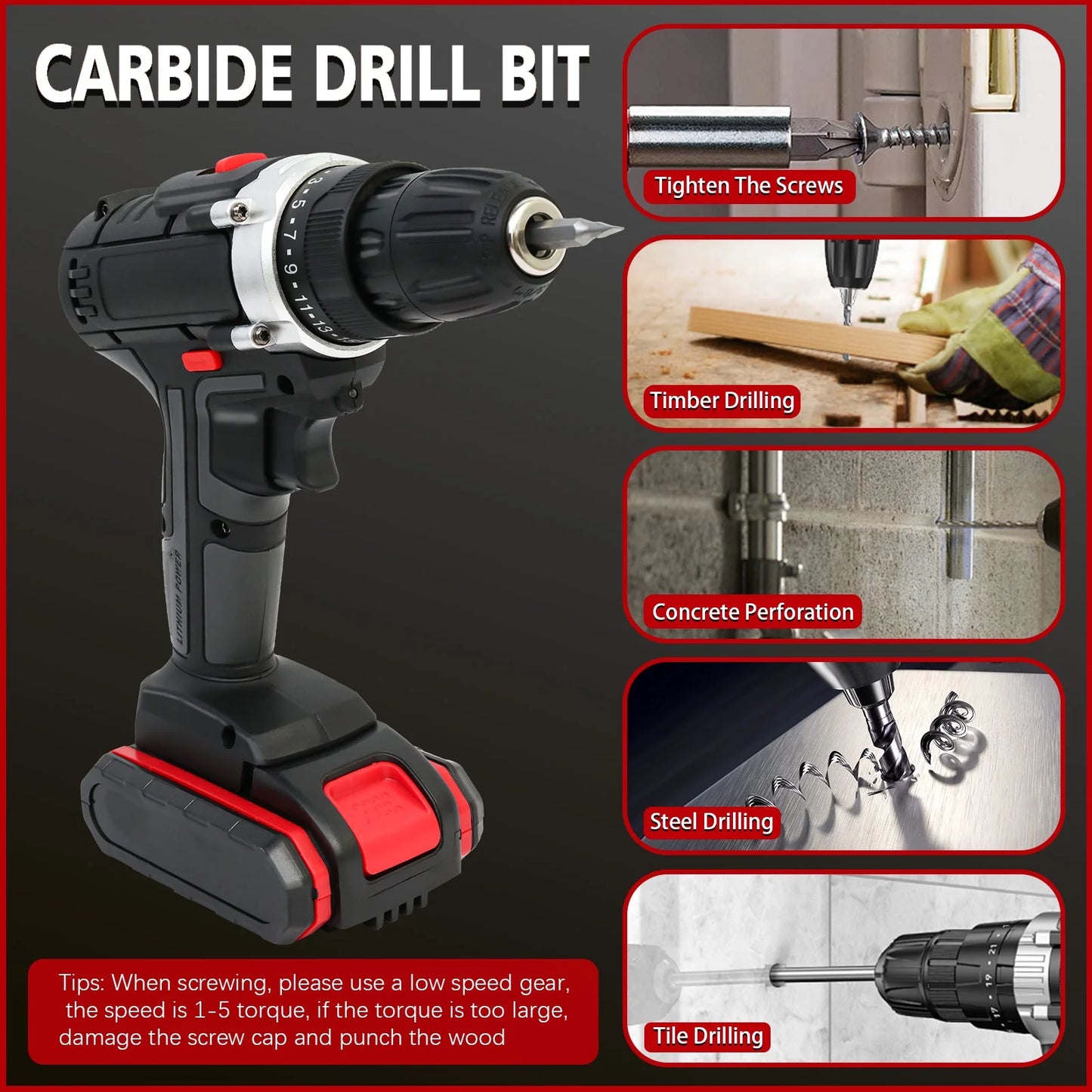 21V Power Drill with 2 Batteries and Charger, Multi-Functional Electric Cordless Drill Set Kit, Portable and Variable Speed, Black