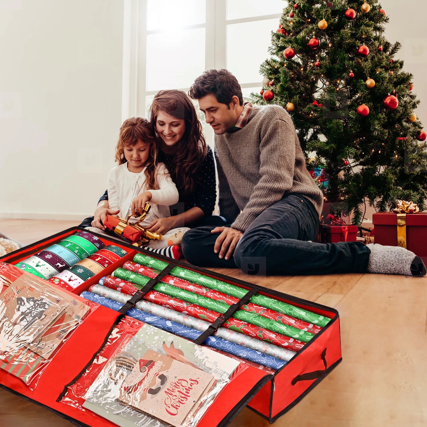 Christmas Wrapping Paper Storage Organizer, Gift Wrapping Storage 40" 600D Oxford Fabric with Flexible Partitions and Pockets, Ornaments Holiday Accessories Red