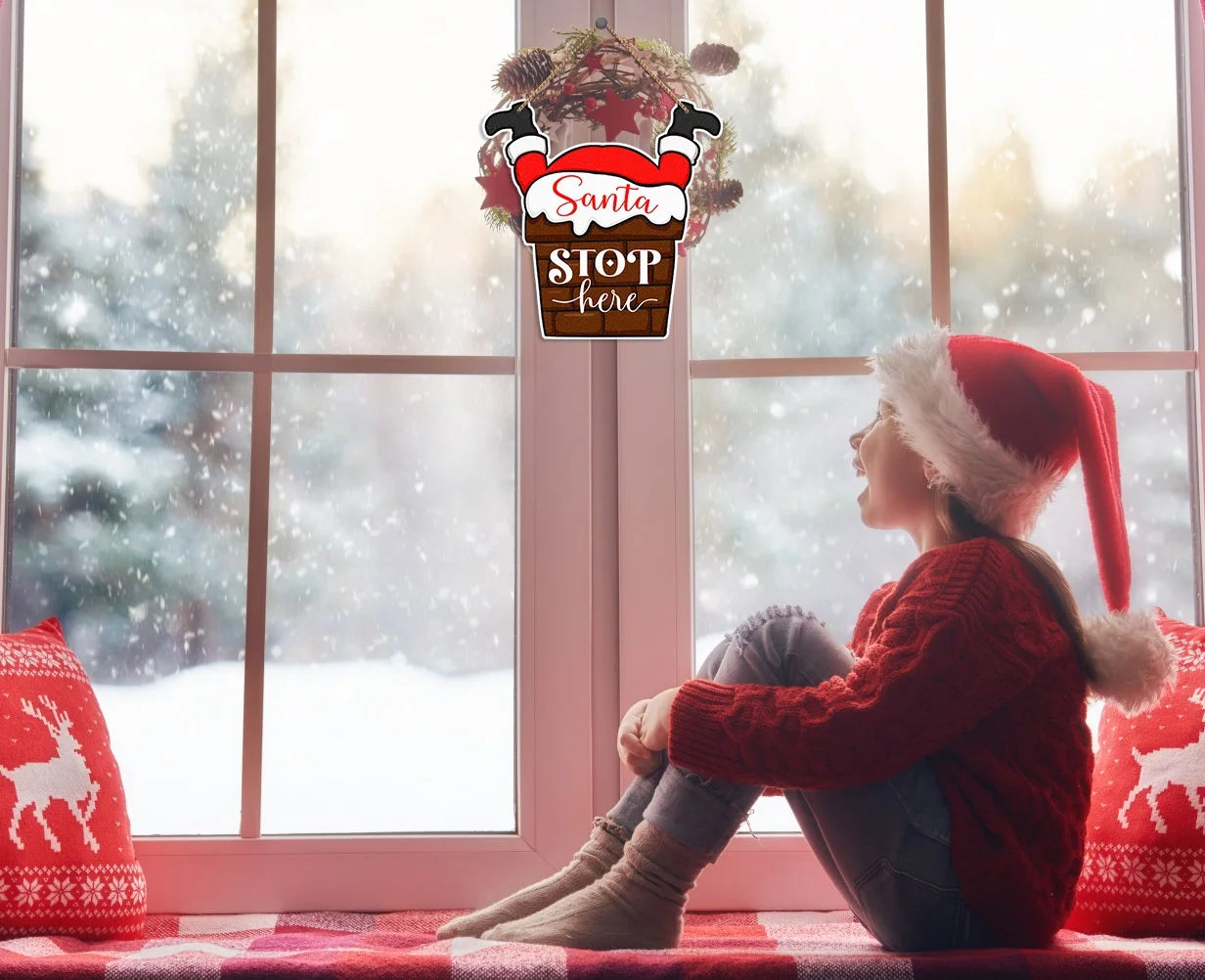 Funny Santa Stop Here Sign for Christmas Door Decorations, 11.2"X11.2" Farmhouse Christmas Decor Sign Wreath for Christmas Holiday Decorations