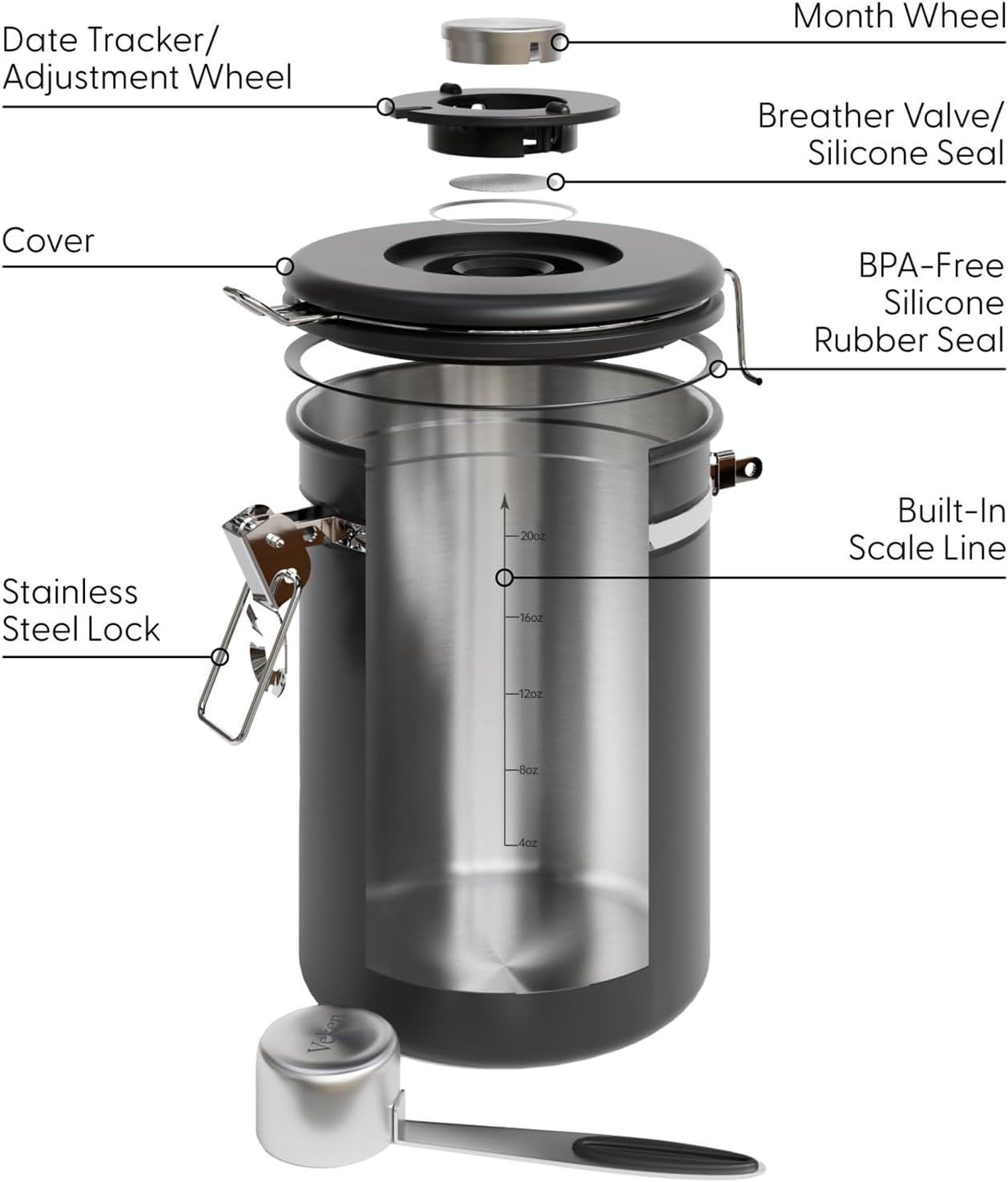 Coffee Canister with Window,Airtight Stainless Steel Container,Home Kitchen Food Storage Organizers for Grounds,Beans,Espresso,Rice,Tea,Sugar,Flour, Cereal,Scoop,Bar Accessories,Gifts,22Oz,Black