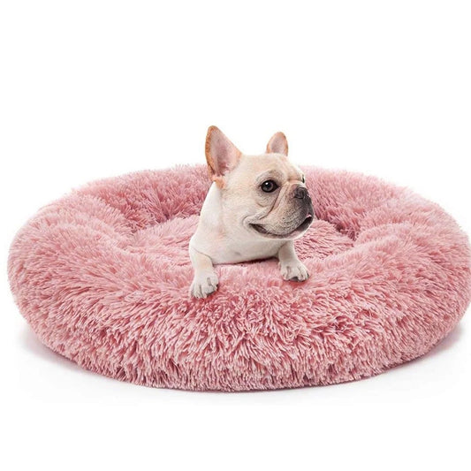 27In Calming Donut Dog Bed Anti-Anxiety, Self Warming, Cozy Soft Plush round Pet Bed Indoor, Ideal for Both Home & Travel, Size 27”X27”X8” Pink