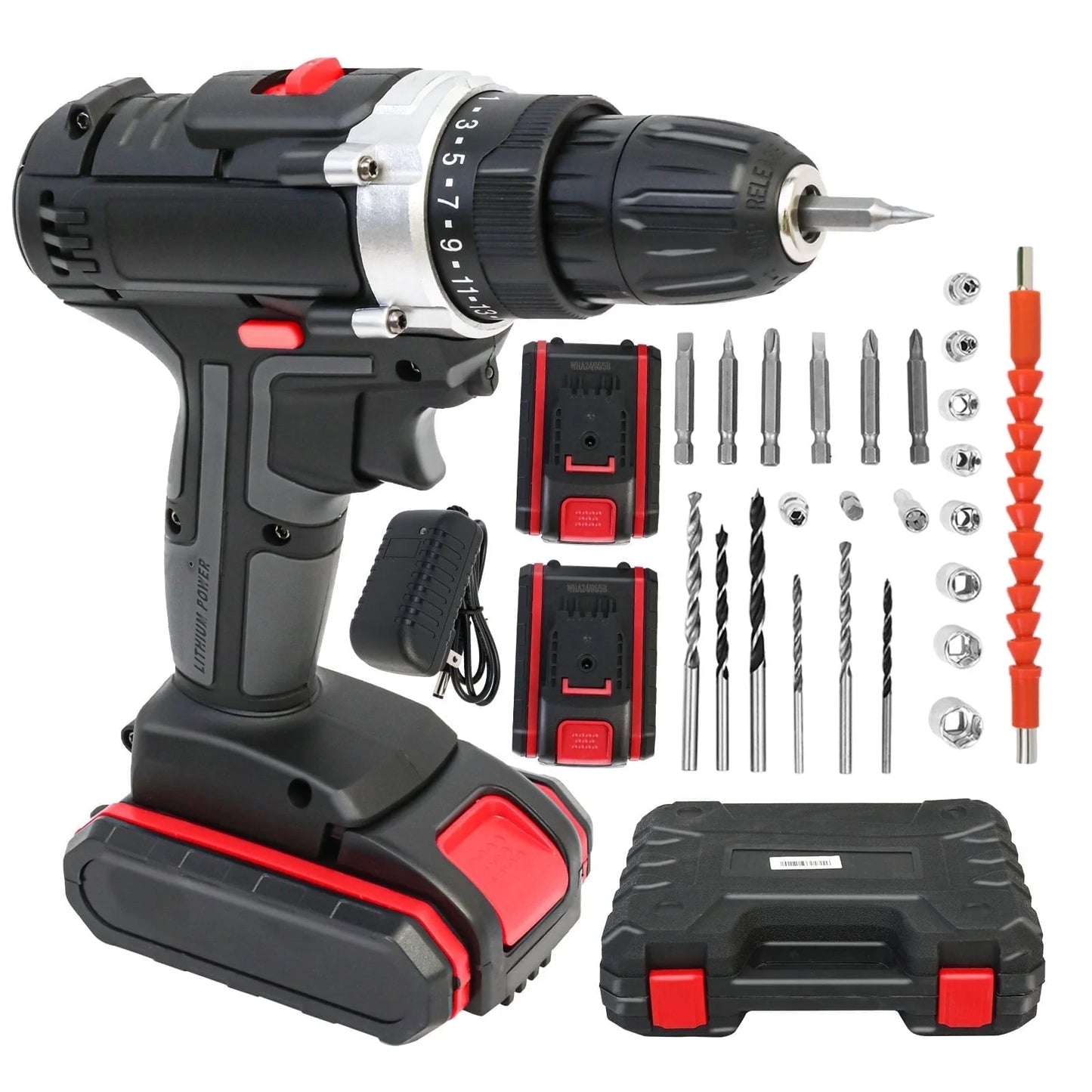 21V Power Drill with 2 Batteries and Charger, Multi-Functional Electric Cordless Drill Set Kit, Portable and Variable Speed, Black