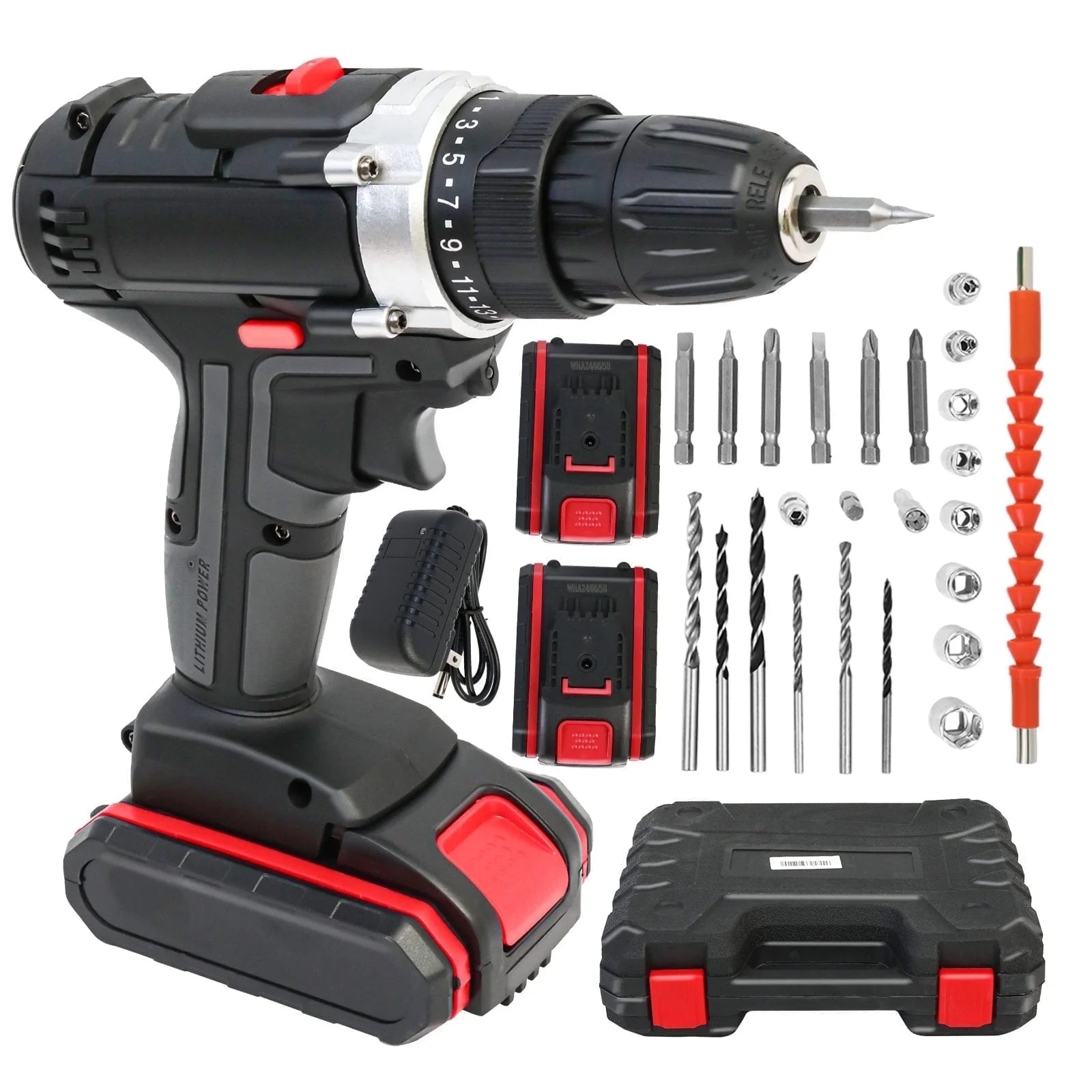 21V Power Drill with 2 Batteries and Charger, Multi-Functional Electric Cordless Drill Set Kit, Portable and Variable Speed, Black
