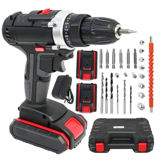 21V Power Drill with 2 Batteries and Charger, Multi-Functional Electric Cordless Drill Set Kit, Portable and Variable Speed, Black