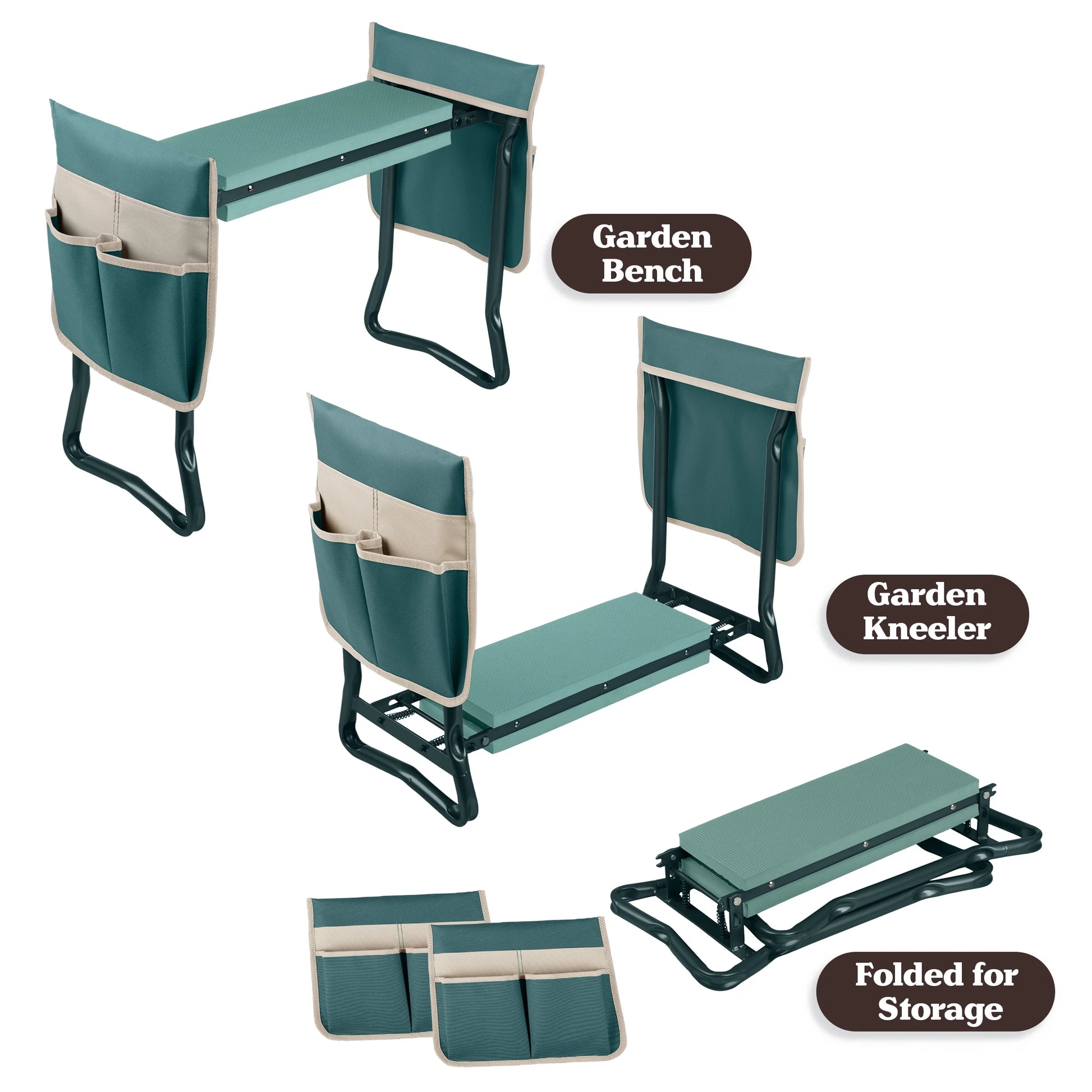 2-In-1 Garden Kneeler & Stool – Folding Bench with EVA Pad & Tool Pouches, Green/Tan