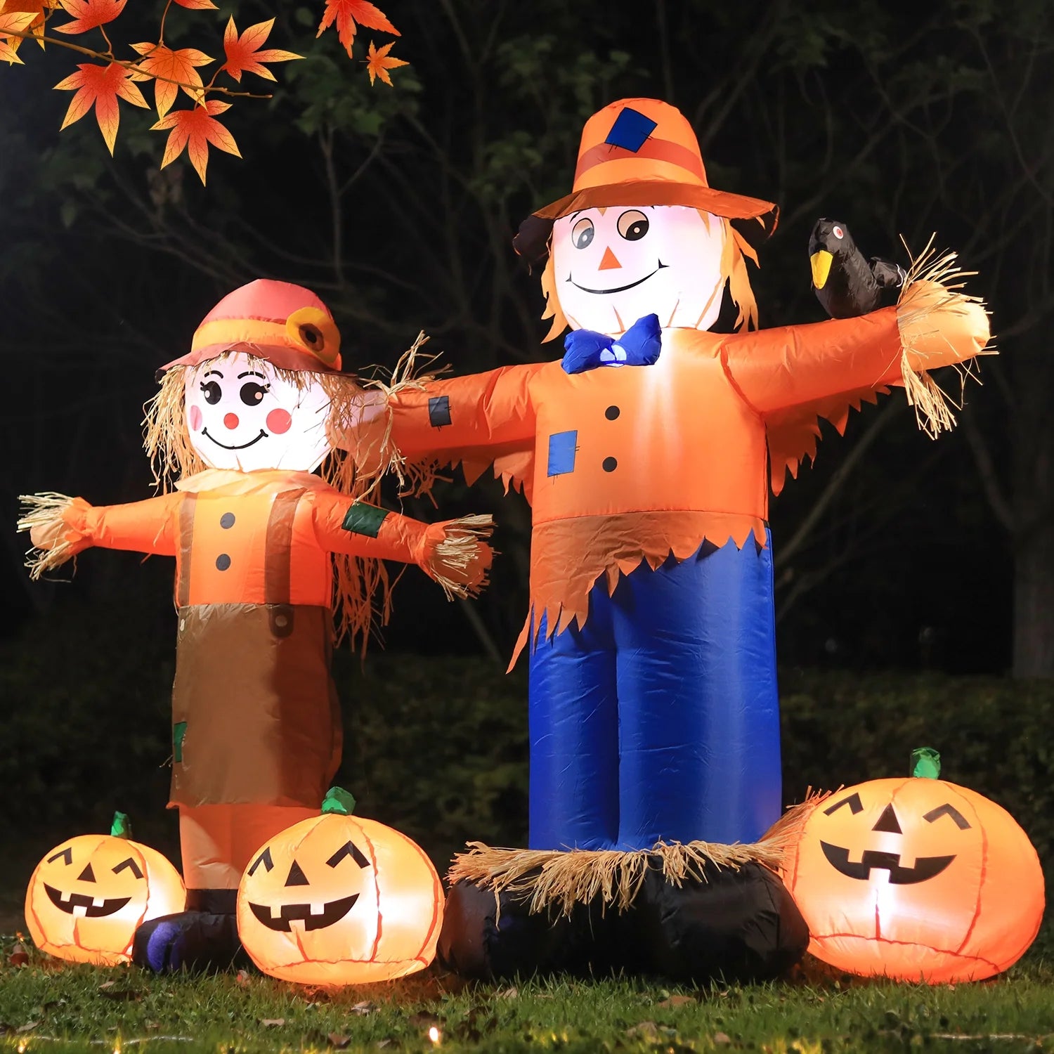 6FT Long Thanksgiving Harvest Inflatable Boy & Girl Scarecrow Outdoor Decoration，Build-In LED Lights Holiday Blow up Yard Decoration for Fall/Thankgiving Party,Garden Yard Lawn Decor
