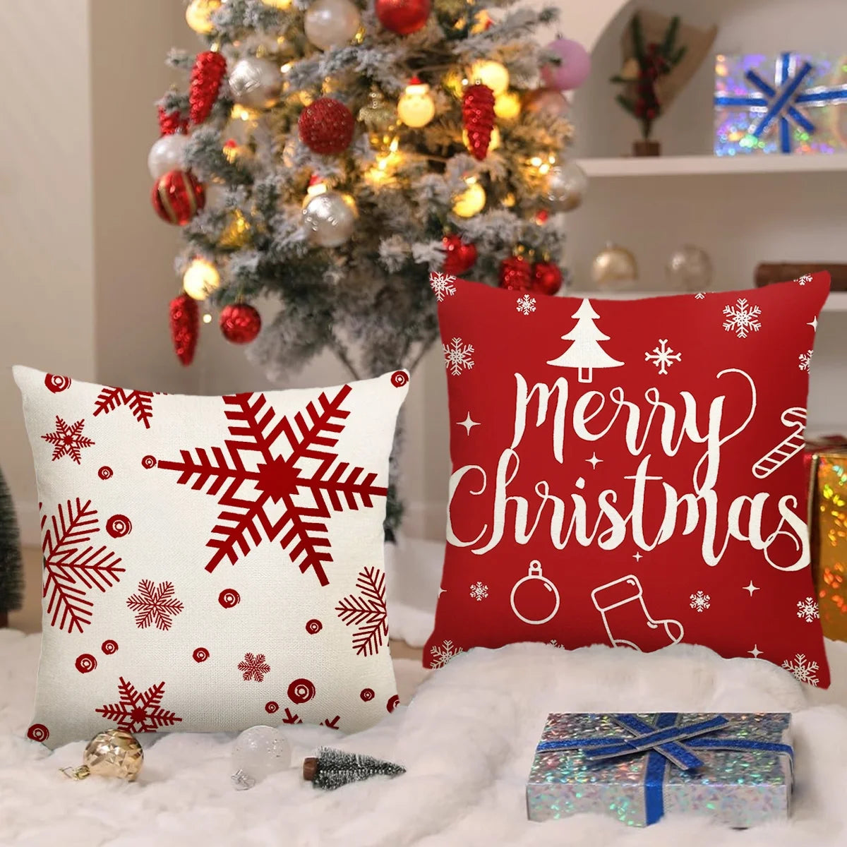 Christmas Throw Pillow Covers 18''X18'' Set of 4 Decorative Holiday Pillows Cover Cases Farmhouse Decor for Xmas Decoration Home Couch Sofa, Red