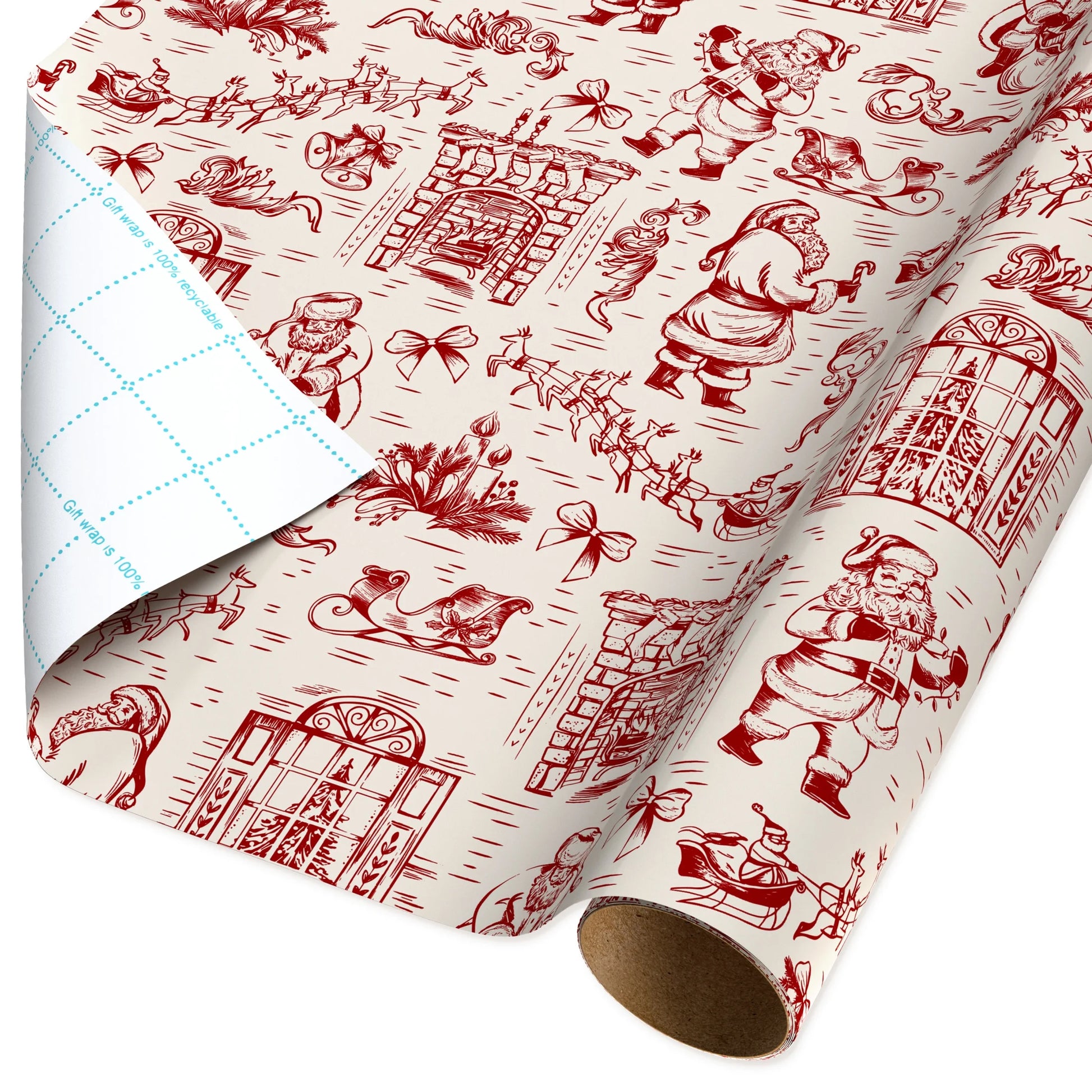 Red and Ivory Vintage Toile Art Christmas Wrapping Paper, 160 Sq Ft, by
