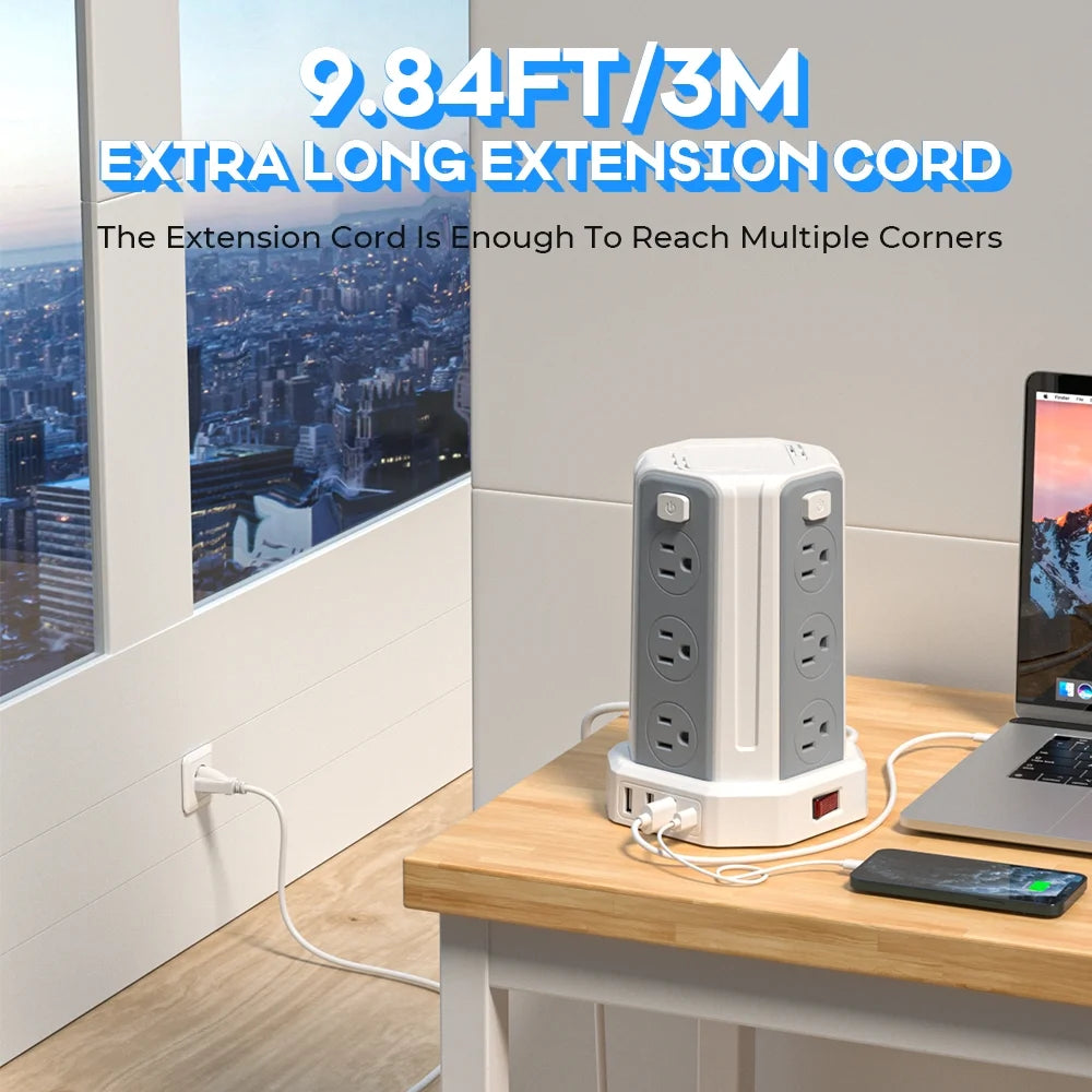 Surge Protector Power Strip Tower with 12 Outlets 4 USB Ports, 10Ft Cord Electric Charging Station, White