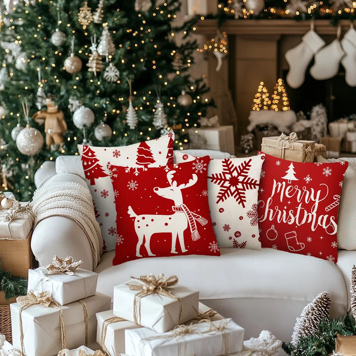 Christmas Throw Pillow Covers 18''X18'' Set of 4 Decorative Holiday Pillows Cover Cases Farmhouse Decor for Xmas Decoration Home Couch Sofa, Red