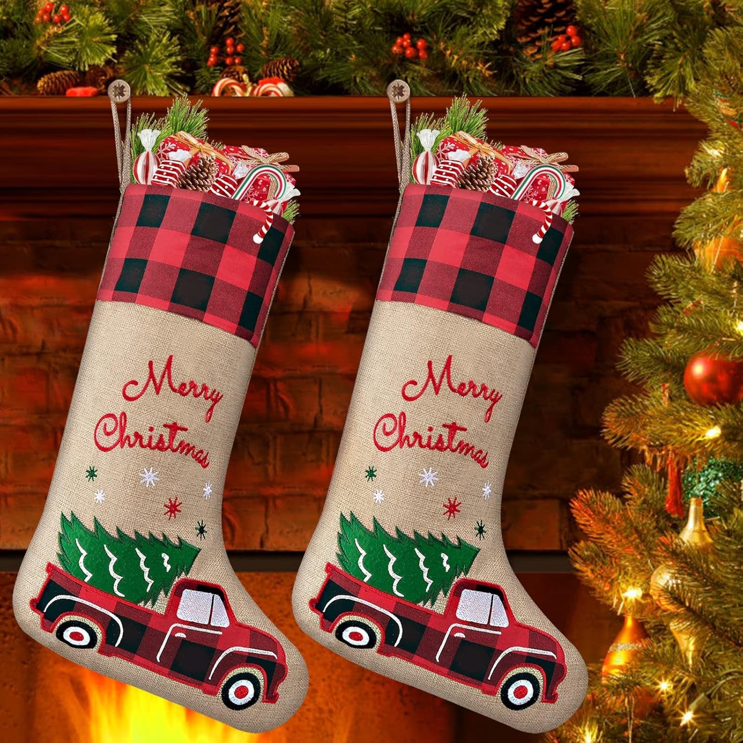 Burlap Christmas Stockings with Red Truck Xmas Decor 2 Pack, Buffalo Plaid Christmas Stockings 18-Inch Red Truck Christmas Ornaments Decorations