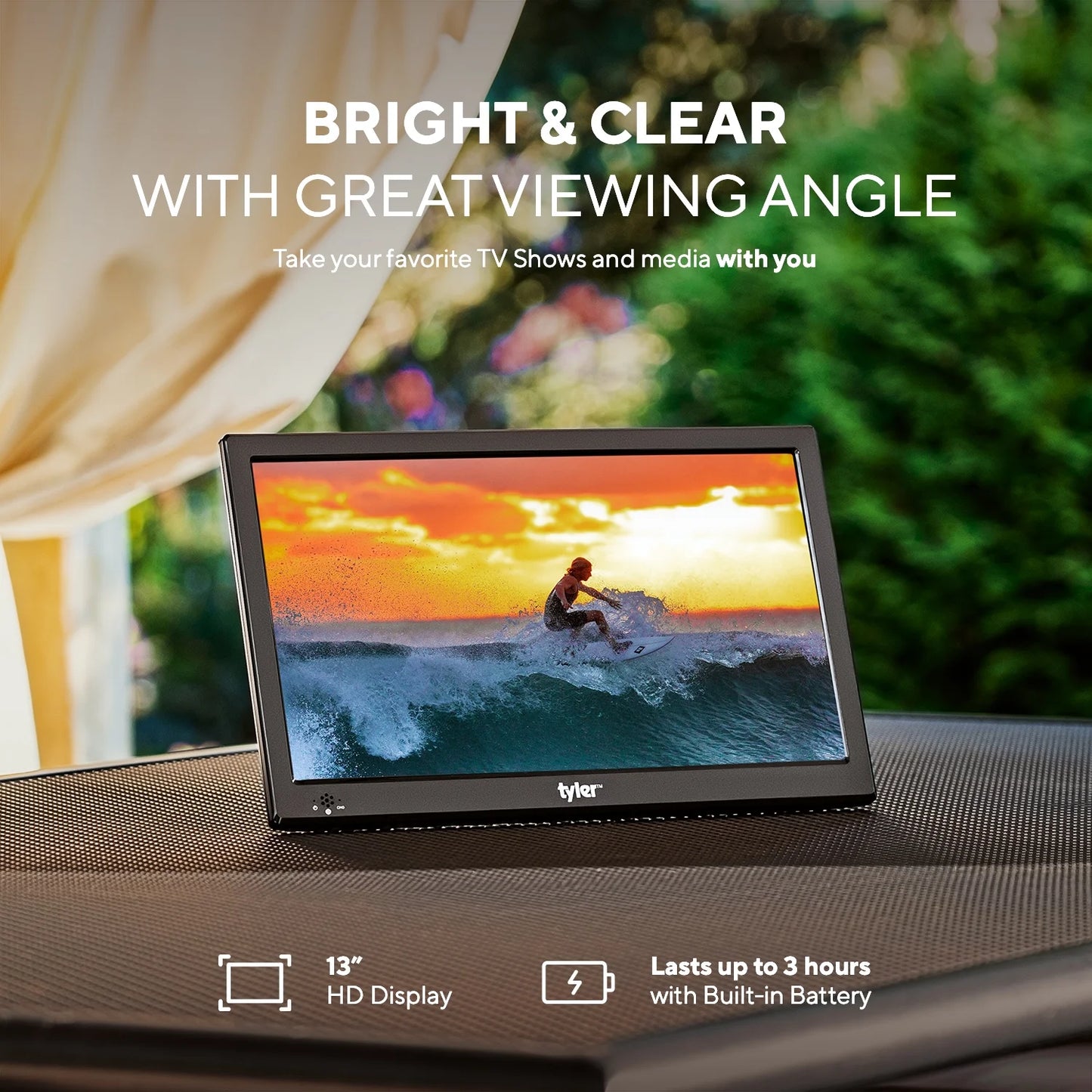 13.3" Portable TV LCD Monitor, LED, Portable, with Battery Powered, Wireless Capability, HDMI, USB, RCA, AC/DC, FM Radio, Car Charger, Remote Control, Built in Stand, New