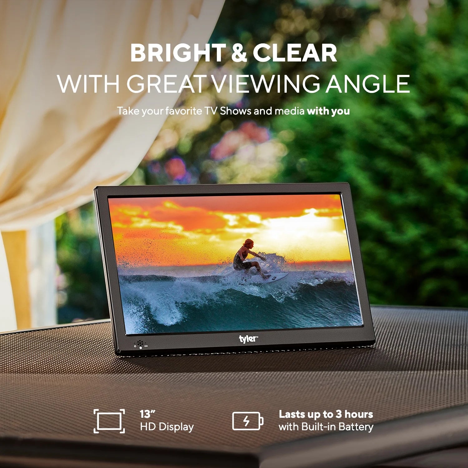 13.3" Portable TV LCD Monitor, LED, Portable, with Battery Powered, Wireless Capability, HDMI, USB, RCA, AC/DC, FM Radio, Car Charger, Remote Control, Built in Stand, New
