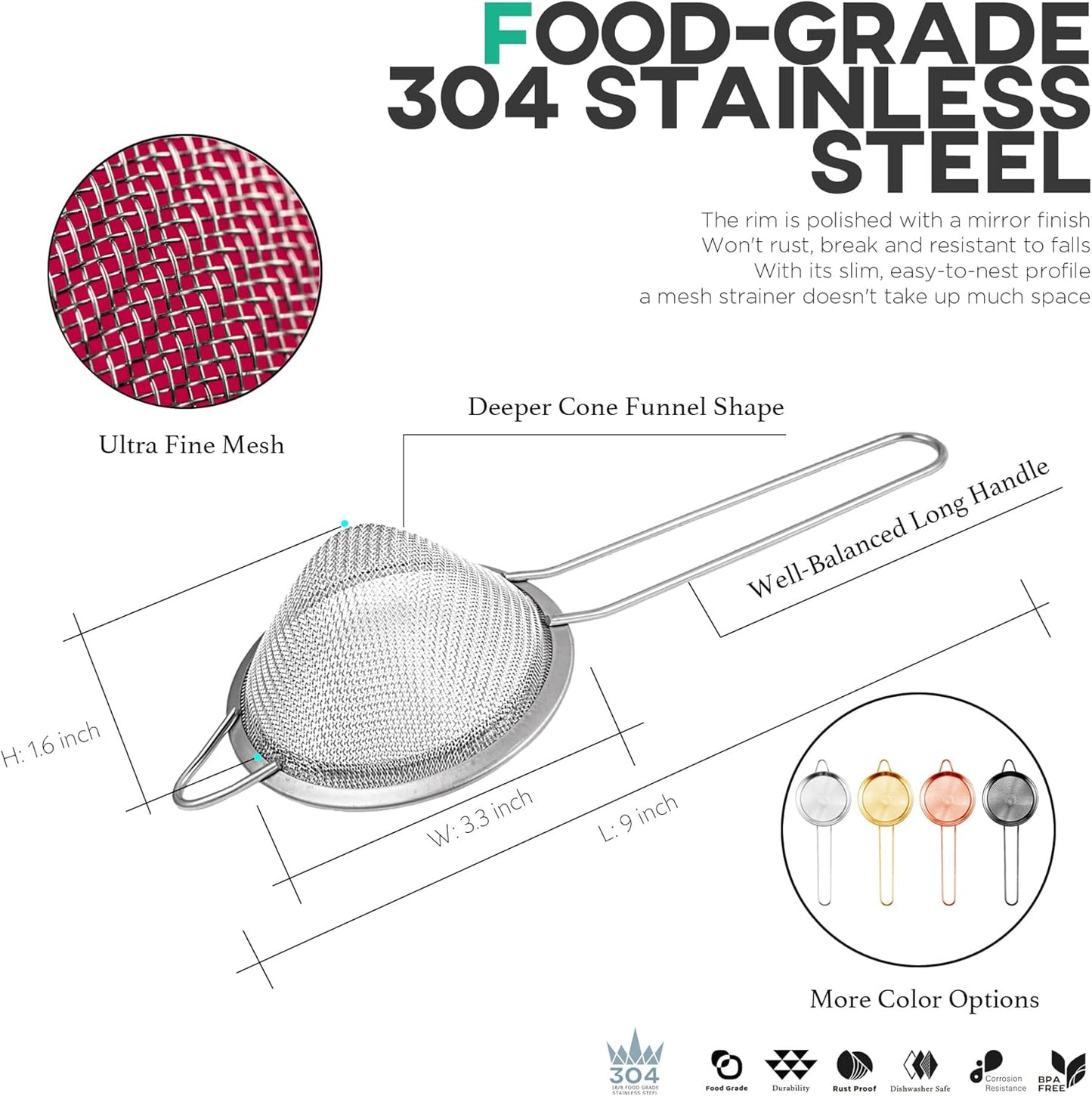 3.3" Fine Mesh Strainer for Kitchen, 304 Stainless Steel Cocktail Sieve Sifters for Food, Liquid Drink Strainers Cup for Tea, Rice, Oil, Noodles, Fruits, Vegetables (Silver)
