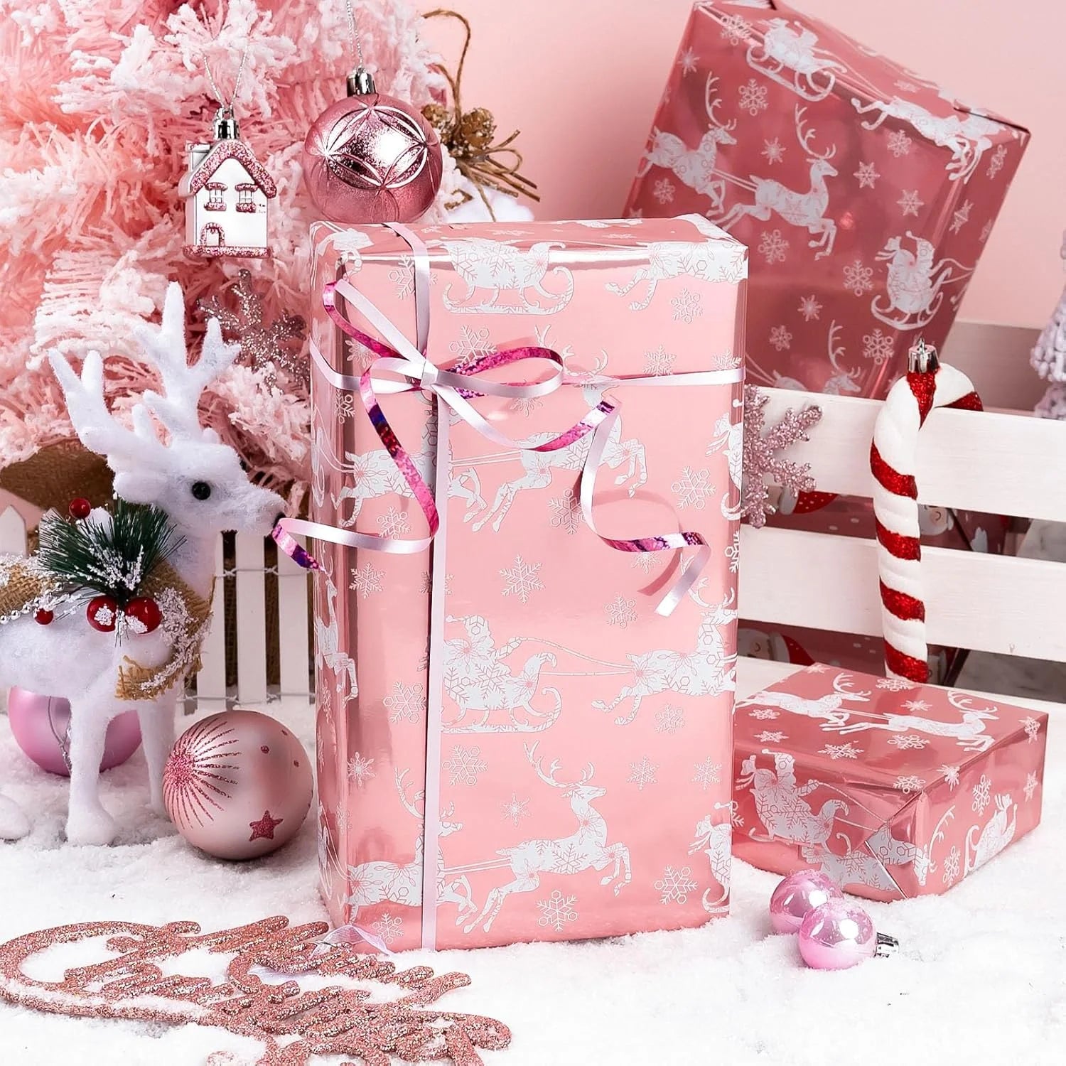 Christmas Wrapping Paper Roll - Pink Gift Wrap with Christmas Sleigh Amd Snowflake - Perfect for Christmas - 17 Inch X 33 Feet