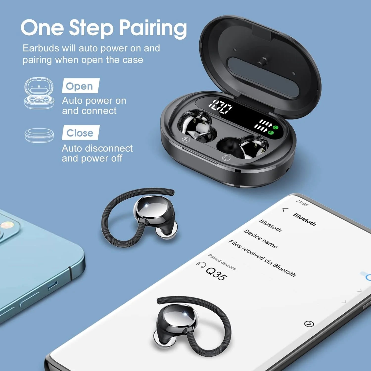 2025 New Ultralight Bluetooth Headphones 125Hrs Wireless Earbuds with Display Charger Case over Ear Bud with Earhooks,Noise Cancelling Mic,Waterproof Deep Bass Headset for Workout,Black