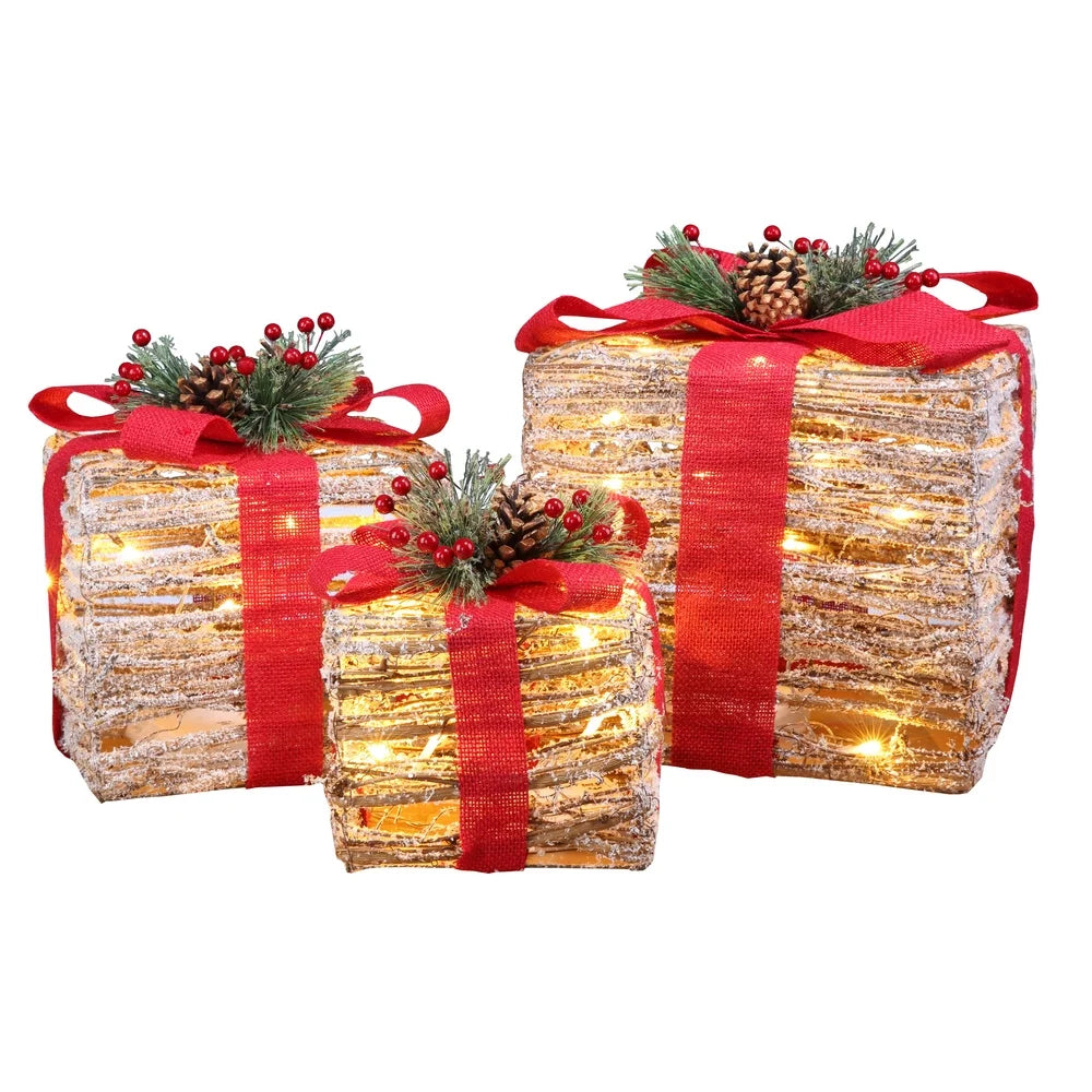 Christmas Set of 3 Pre-Lit Gift Present Boxes W/ 60 LED Lights - Indoor/Outdoor Yard/Lawn Use- Wicker Red Bow