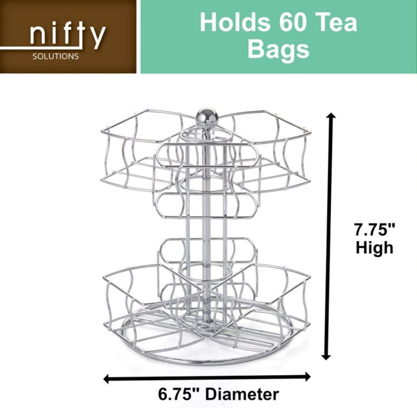 Nifty Tea Bag Spinning Carousel – 6 Compartments, up to 60 Tea Bags Storage, Spins 360-Degrees, Lazy Susan Platform, Modern Chrome Design, Home or Office Kitchen Counter Organizer