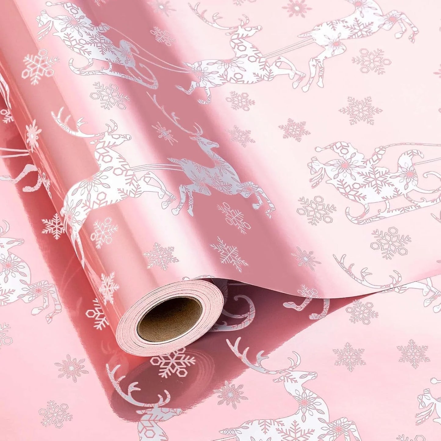 Christmas Wrapping Paper Roll - Pink Gift Wrap with Christmas Sleigh Amd Snowflake - Perfect for Christmas - 17 Inch X 33 Feet