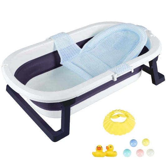 Folding Baby Bathtub, Infant Bath Tub with anti Slip Pad, Boys, Blue W/Net Pad