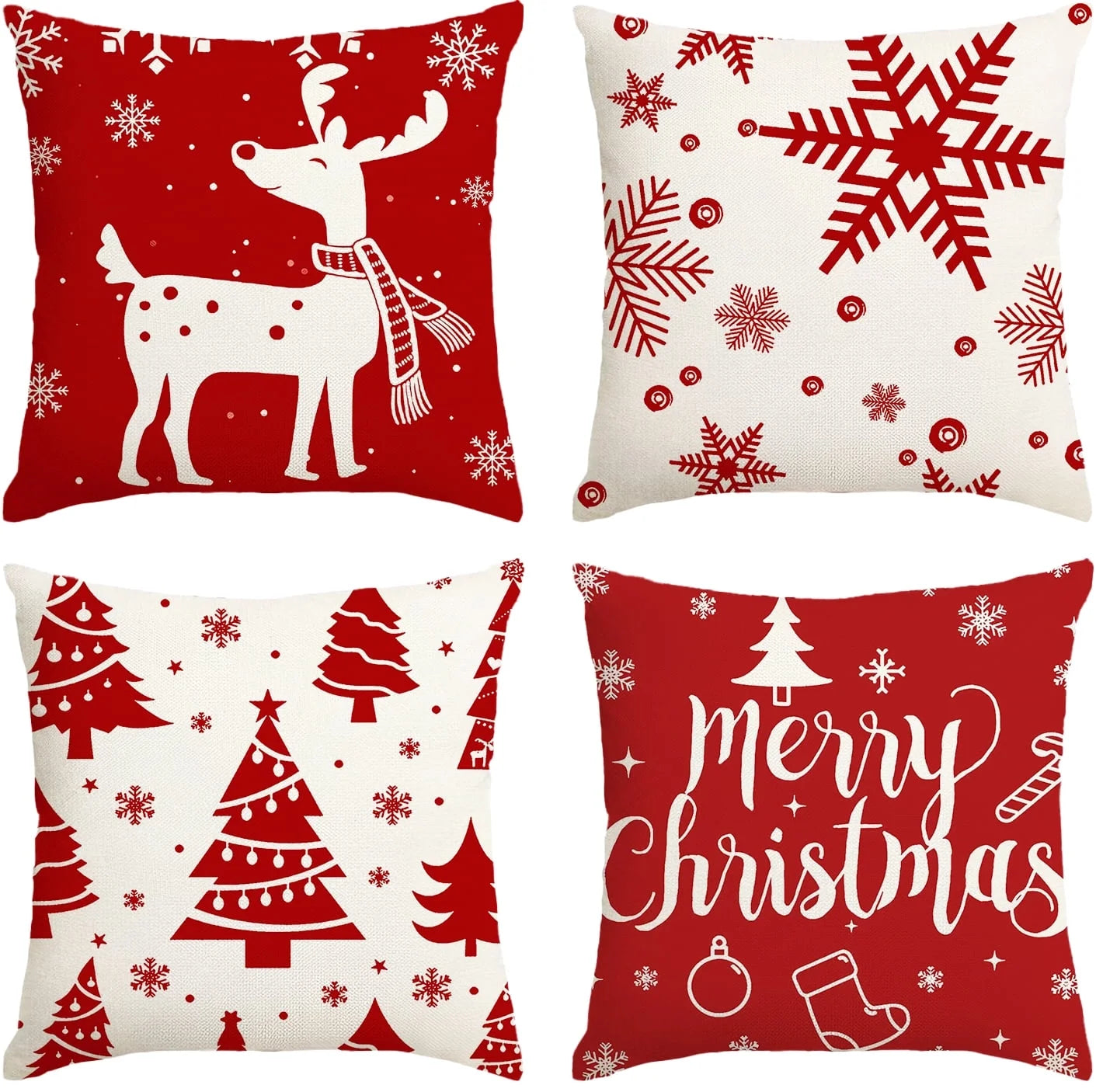 Christmas Throw Pillow Covers 18''X18'' Set of 4 Decorative Holiday Pillows Cover Cases Farmhouse Decor for Xmas Decoration Home Couch Sofa, Red