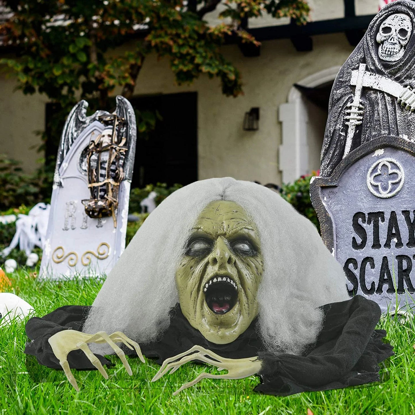 Halloween Gray Haired Zombie Skull with Posable Skeletal Hands Halloween Decoration Prop | Halloween Groundbreaking Zombie, Halloween Lawn Decorations