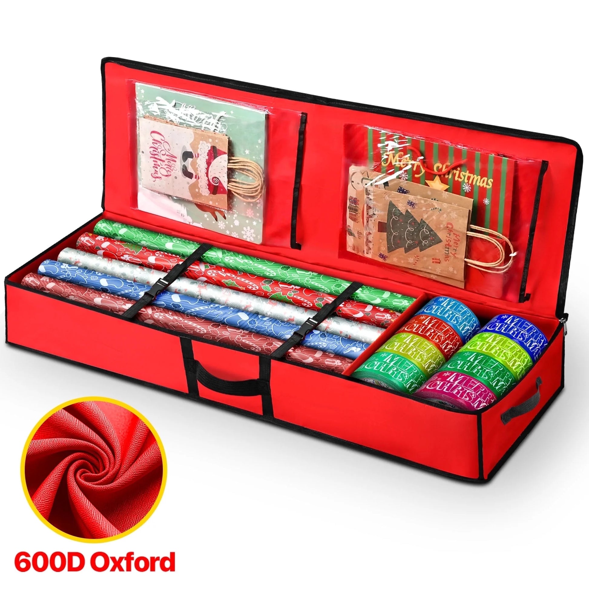 Christmas Wrapping Paper Storage Organizer, Gift Wrapping Storage 40" 600D Oxford Fabric with Flexible Partitions and Pockets, Ornaments Holiday Accessories Red