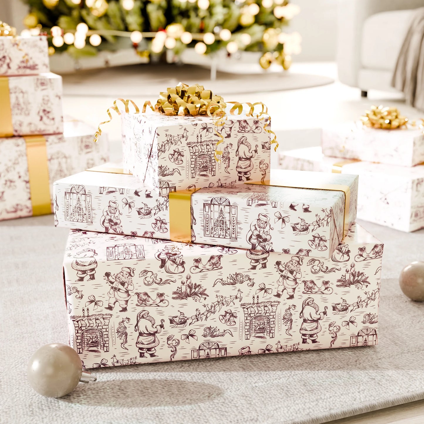 Red and Ivory Vintage Toile Art Christmas Wrapping Paper, 160 Sq Ft, by