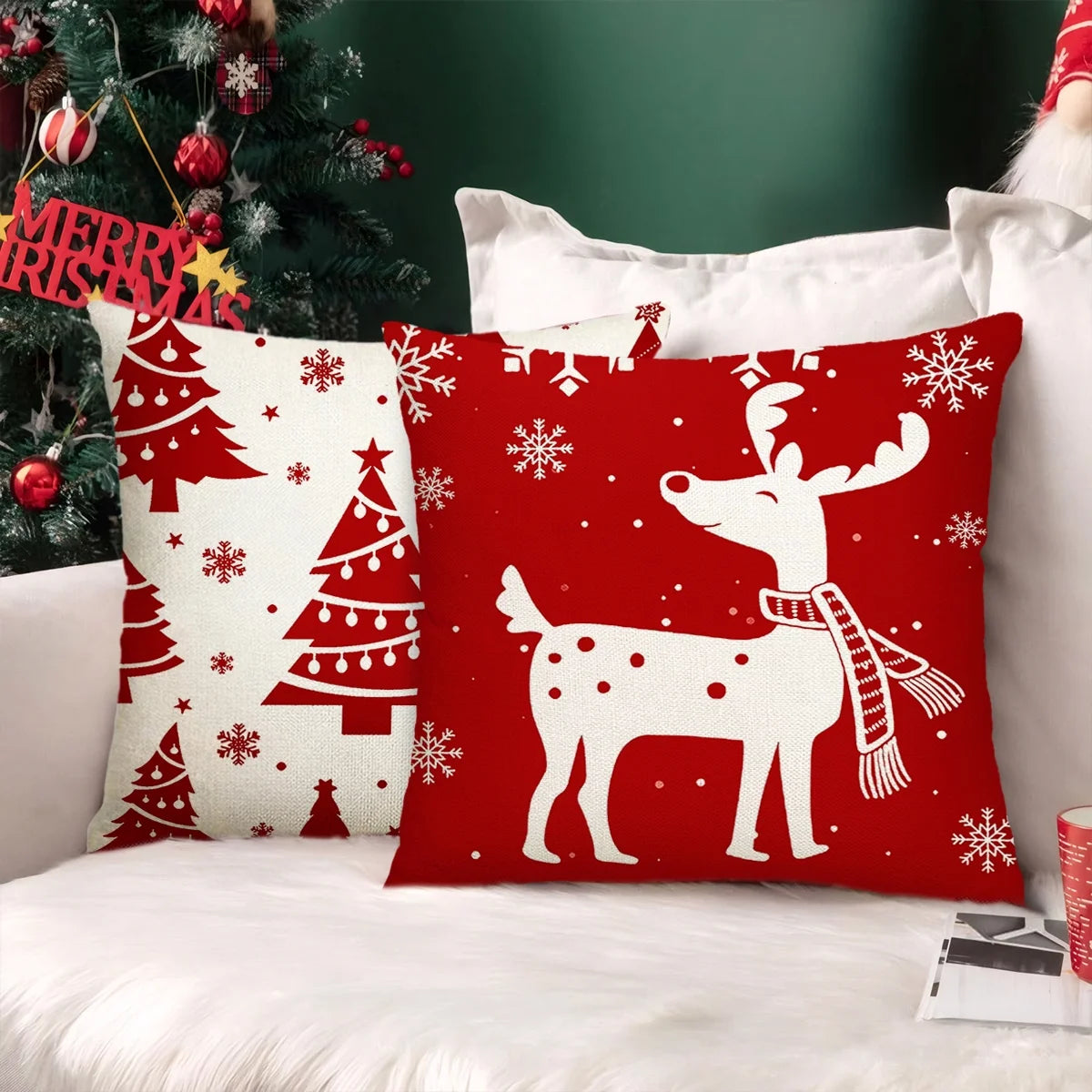 Christmas Throw Pillow Covers 18''X18'' Set of 4 Decorative Holiday Pillows Cover Cases Farmhouse Decor for Xmas Decoration Home Couch Sofa, Red