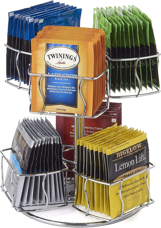 Nifty Tea Bag Spinning Carousel – 6 Compartments, up to 60 Tea Bags Storage, Spins 360-Degrees, Lazy Susan Platform, Modern Chrome Design, Home or Office Kitchen Counter Organizer