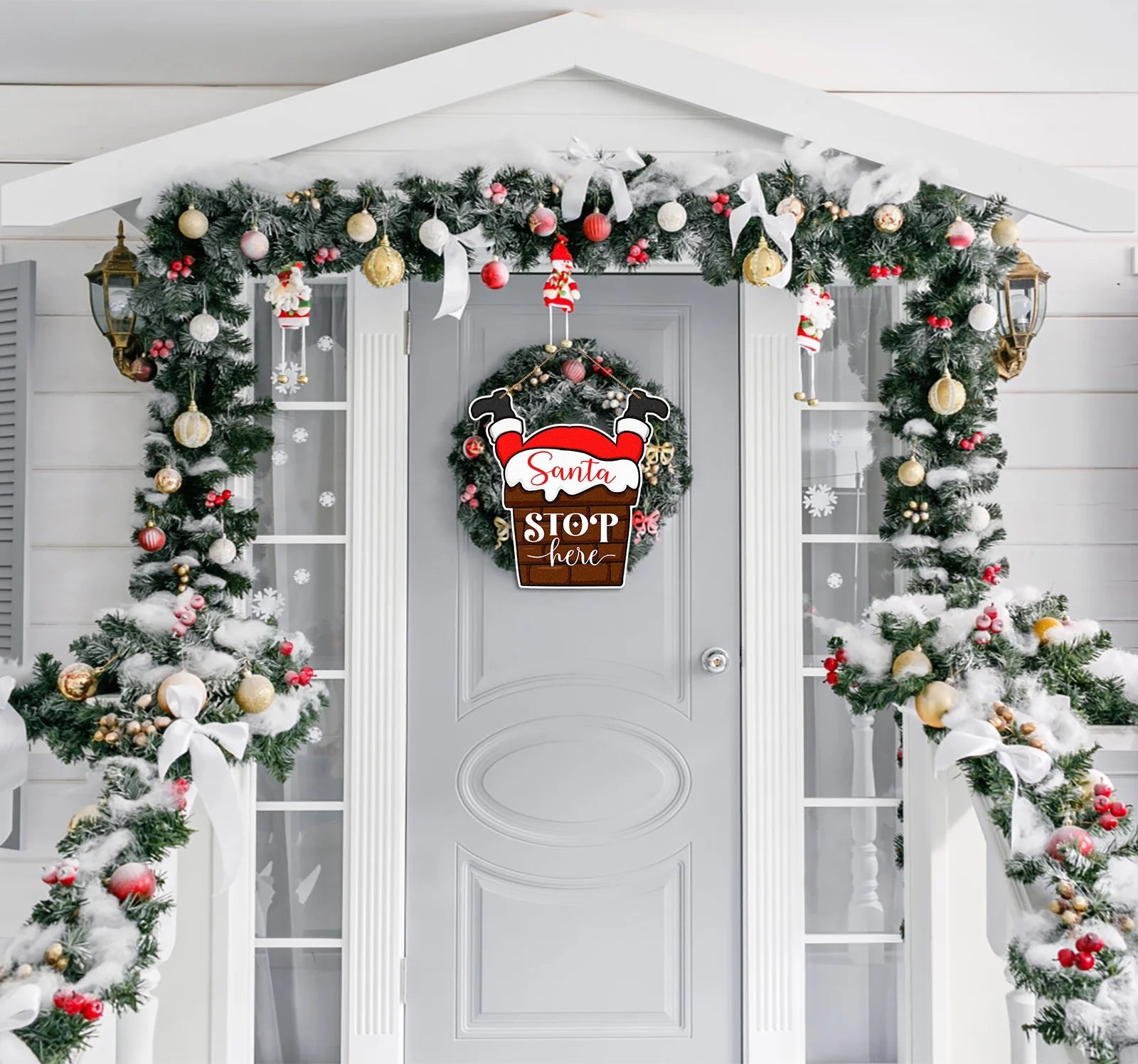 Funny Santa Stop Here Sign for Christmas Door Decorations, 11.2"X11.2" Farmhouse Christmas Decor Sign Wreath for Christmas Holiday Decorations