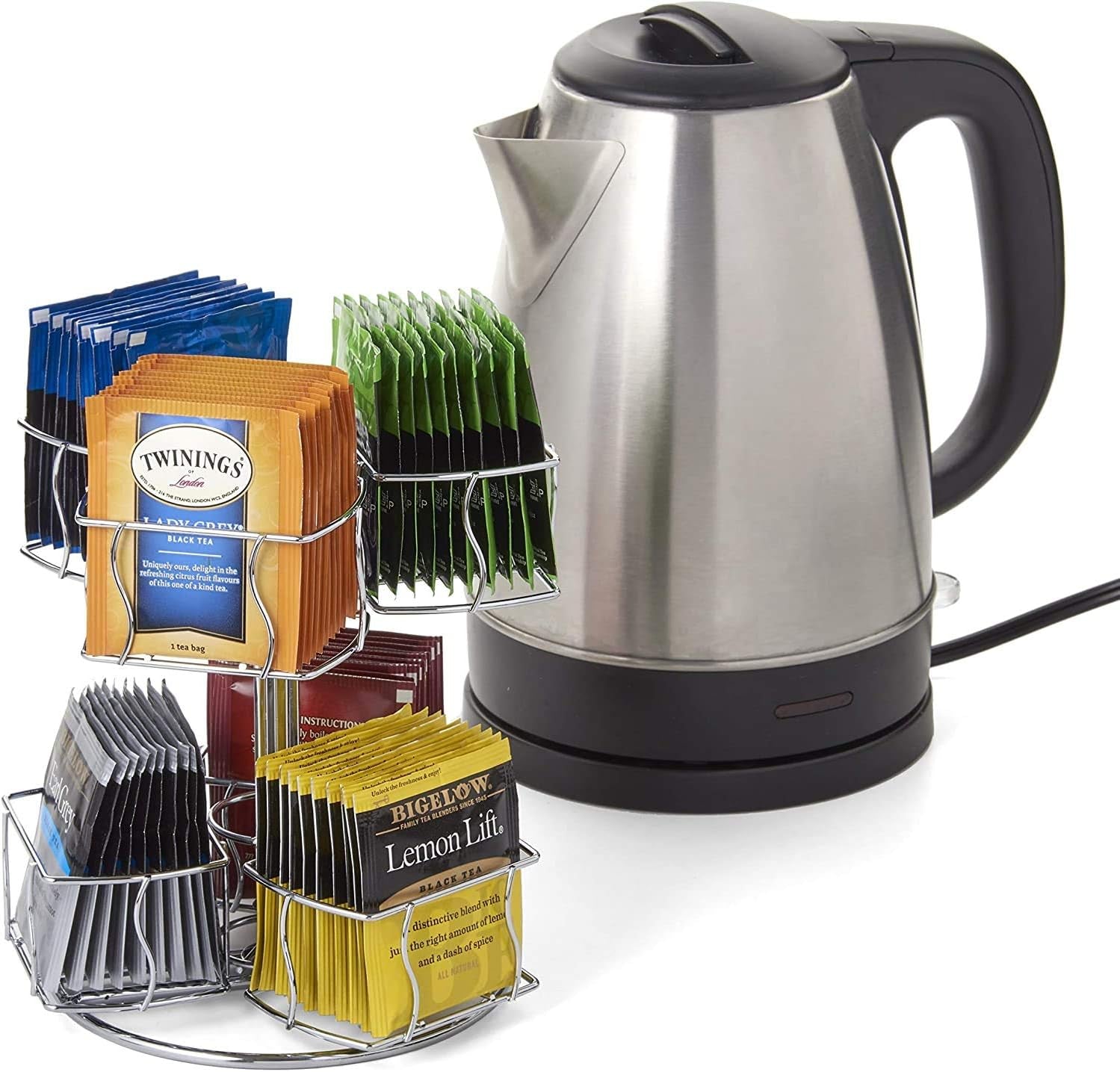 Nifty Tea Bag Spinning Carousel – 6 Compartments, up to 60 Tea Bags Storage, Spins 360-Degrees, Lazy Susan Platform, Modern Chrome Design, Home or Office Kitchen Counter Organizer