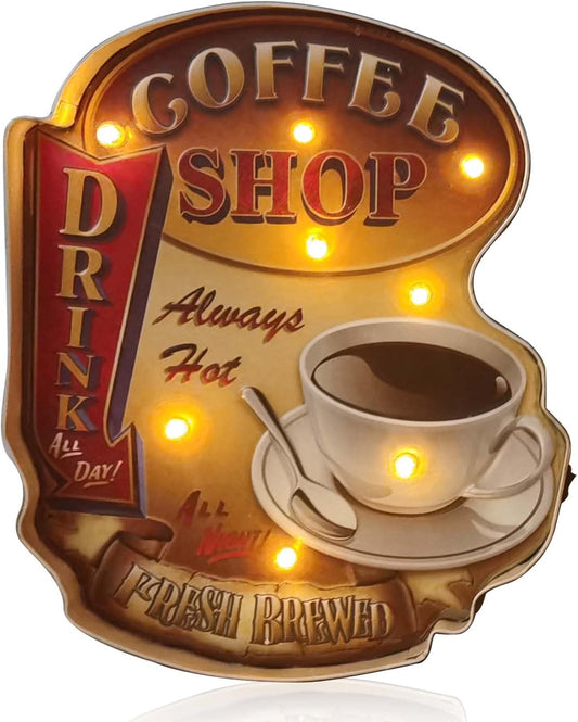 Metal Coffee LED Decor Sign with Warm Ambiance Lights, Easy One-Touch Switch & Battery Powered - Perfect for Home, Cafe, Christmas Gifts, Coffee Lovers and Social Media Decor