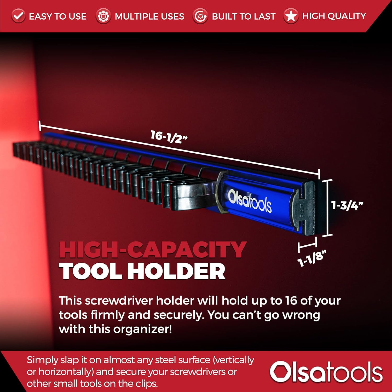 Magnetic Screwdriver Organizer - Screwdriver Holder with Strong Magnets and Foam Backing - Professional Tool Holder and Tool Organizer - Stores up to 16 Screwdrivers - Blue - Part: 1114
