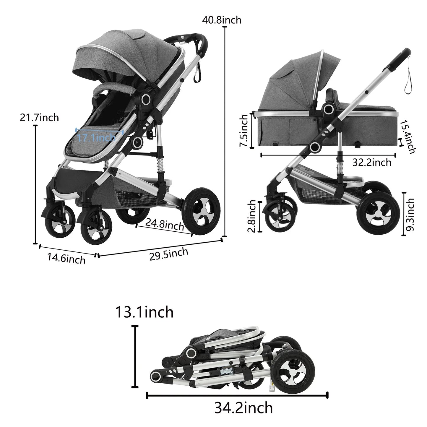 3-In-1 Convertible Baby Stroller with Big Seat and Adjustable Canopy, 24 Pound, Dark Grey