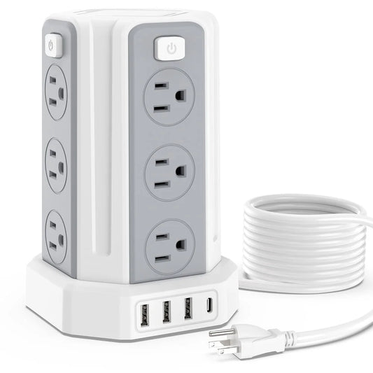 Surge Protector Power Strip Tower with 12 Outlets 4 USB Ports, 10Ft Cord Electric Charging Station, White