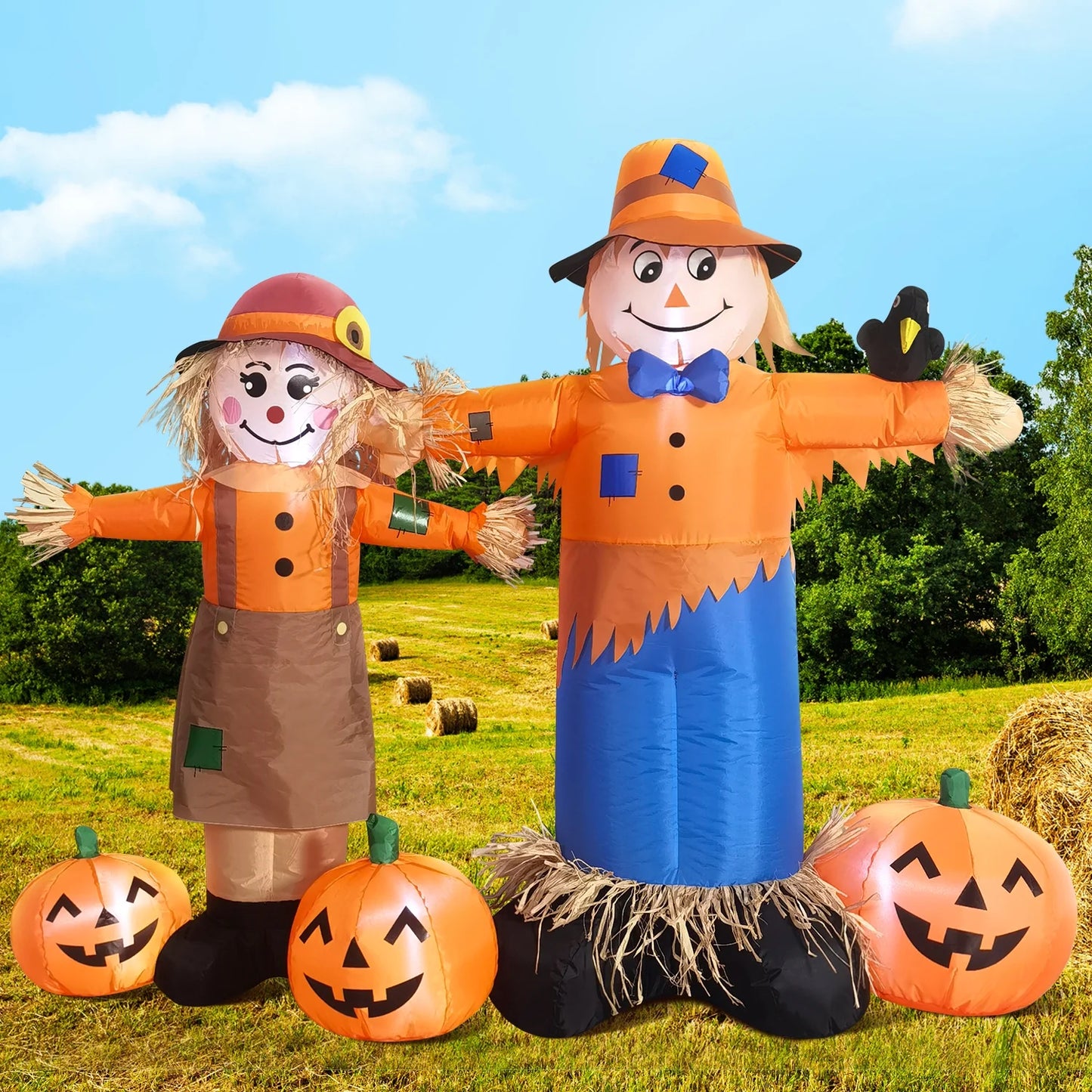 6FT Long Thanksgiving Harvest Inflatable Boy & Girl Scarecrow Outdoor Decoration，Build-In LED Lights Holiday Blow up Yard Decoration for Fall/Thankgiving Party,Garden Yard Lawn Decor