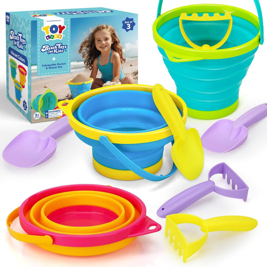 9 Pack Sand Buckets Toys Set with 3 Collapsible Beach Buckets 3 Shovels and 3 Rakes, Toddlers Beach Toys for Kids Ages 4-8 for Camping, Traveling, Fishing, Outdoor Summer Parties