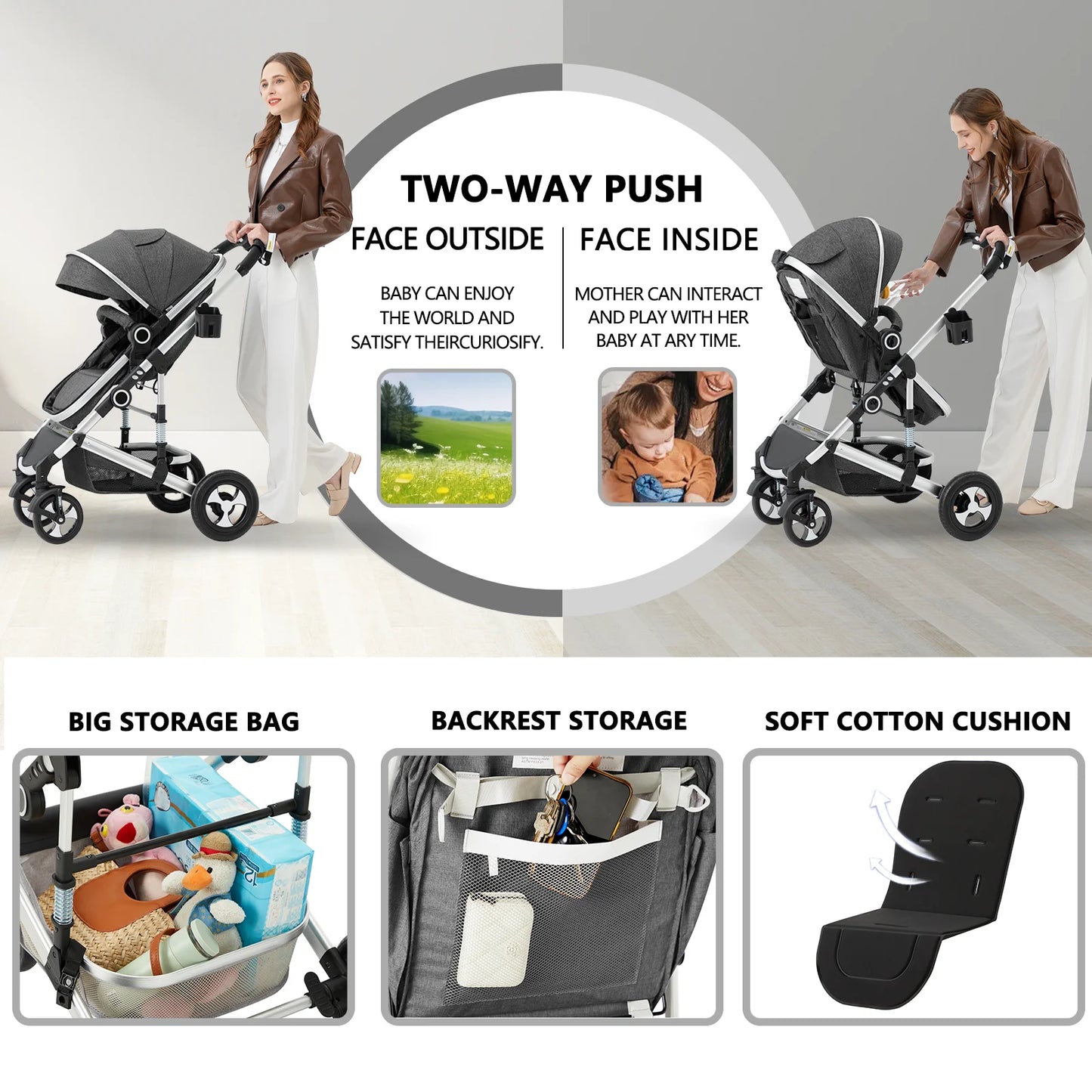 3-In-1 Convertible Baby Stroller with Big Seat and Adjustable Canopy, 24 Pound, Dark Grey