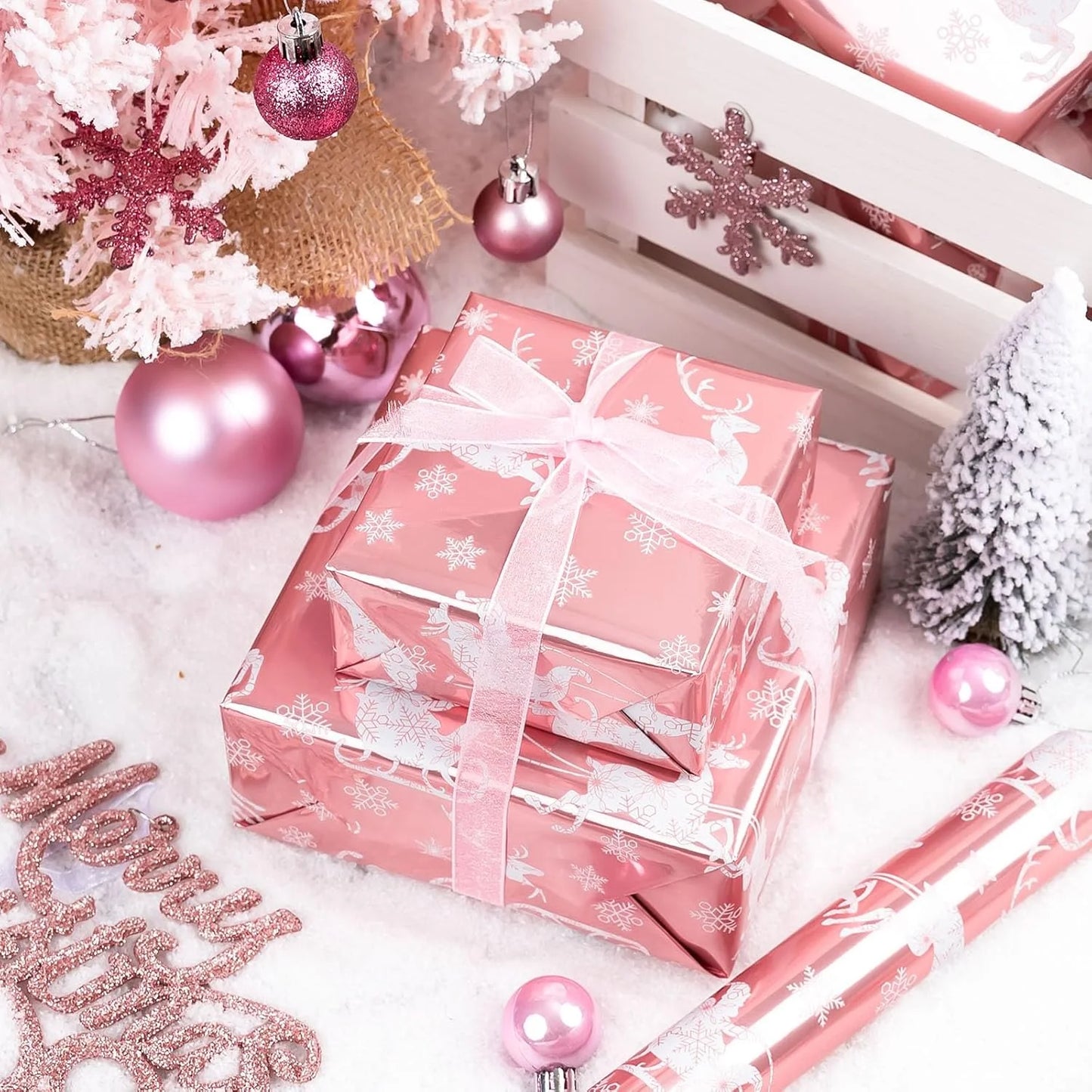 Christmas Wrapping Paper Roll - Pink Gift Wrap with Christmas Sleigh Amd Snowflake - Perfect for Christmas - 17 Inch X 33 Feet