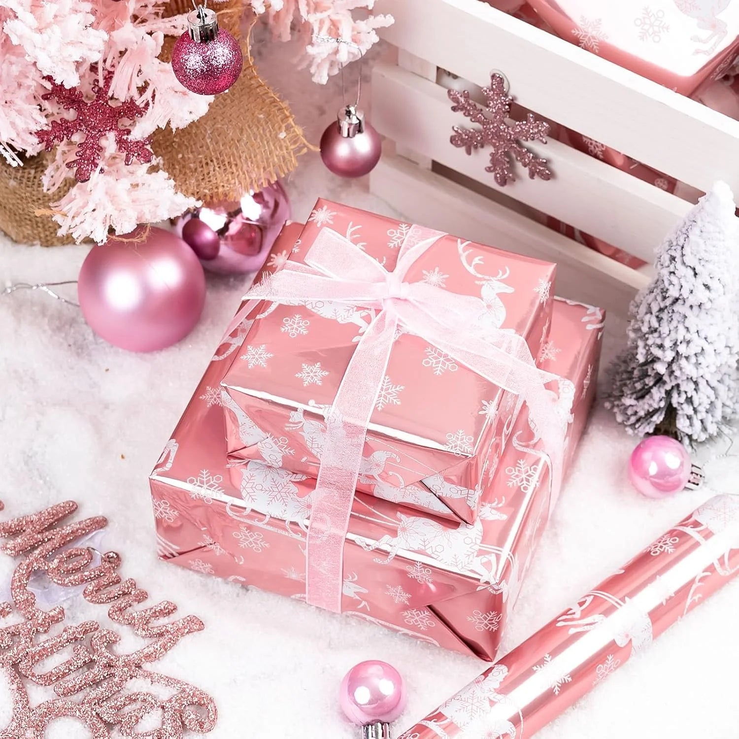 Christmas Wrapping Paper Roll - Pink Gift Wrap with Christmas Sleigh Amd Snowflake - Perfect for Christmas - 17 Inch X 33 Feet