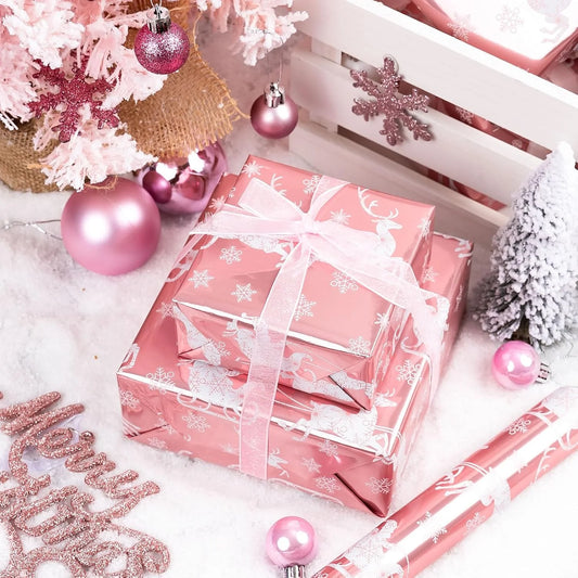 Christmas Wrapping Paper Roll - Pink Gift Wrap with Christmas Sleigh Amd Snowflake - Perfect for Christmas - 17 Inch X 33 Feet